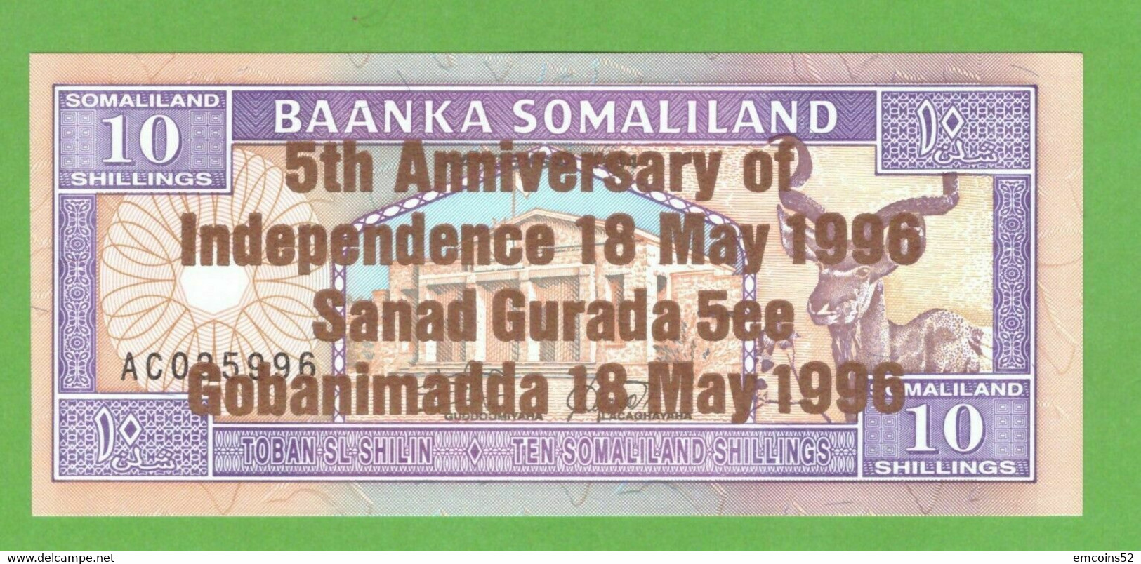 SOMALILAND 10 SHILLINGS 1996  P-9  UNC - Somalie