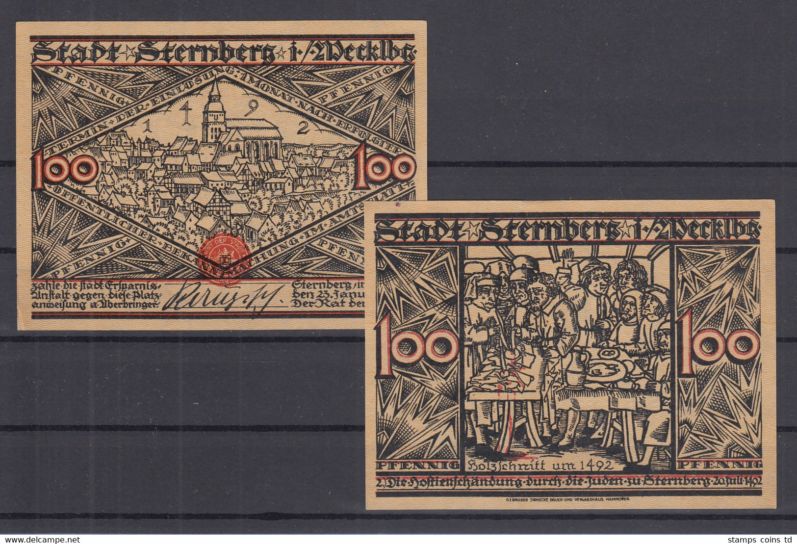 Notgeld Stadt Sternberg In Mecklenburg 100Pfg. Stadtansicht Hostienschändung - [11] Local Banknote Issues