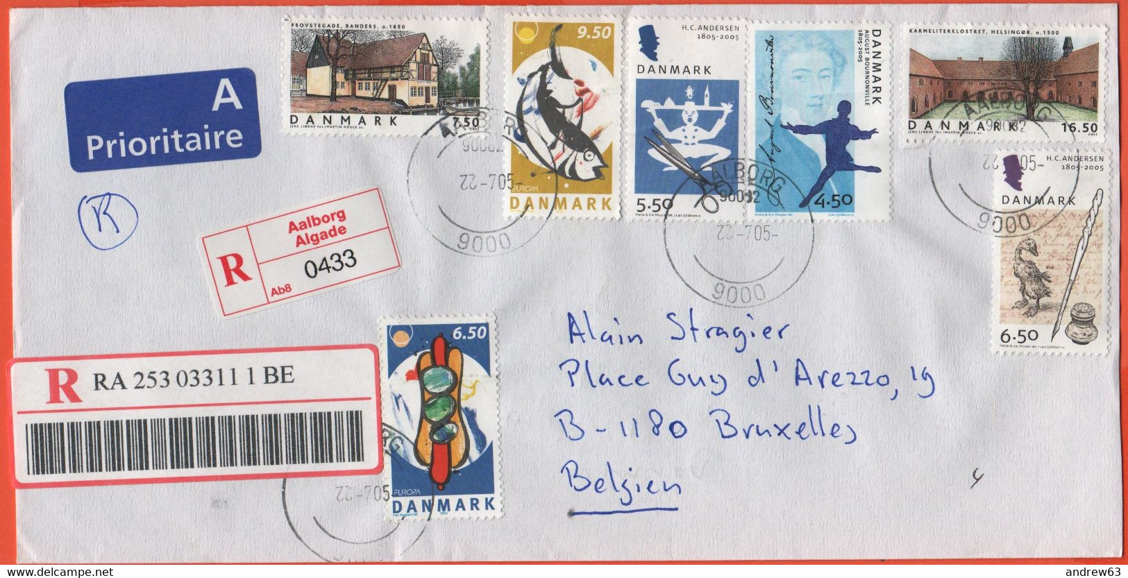 DANIMARCA - DANMARK - 2005 - 7 Stamps - Registered - Viaggiata Da Aalborg Per Brussels, Belgium - Covers & Documents