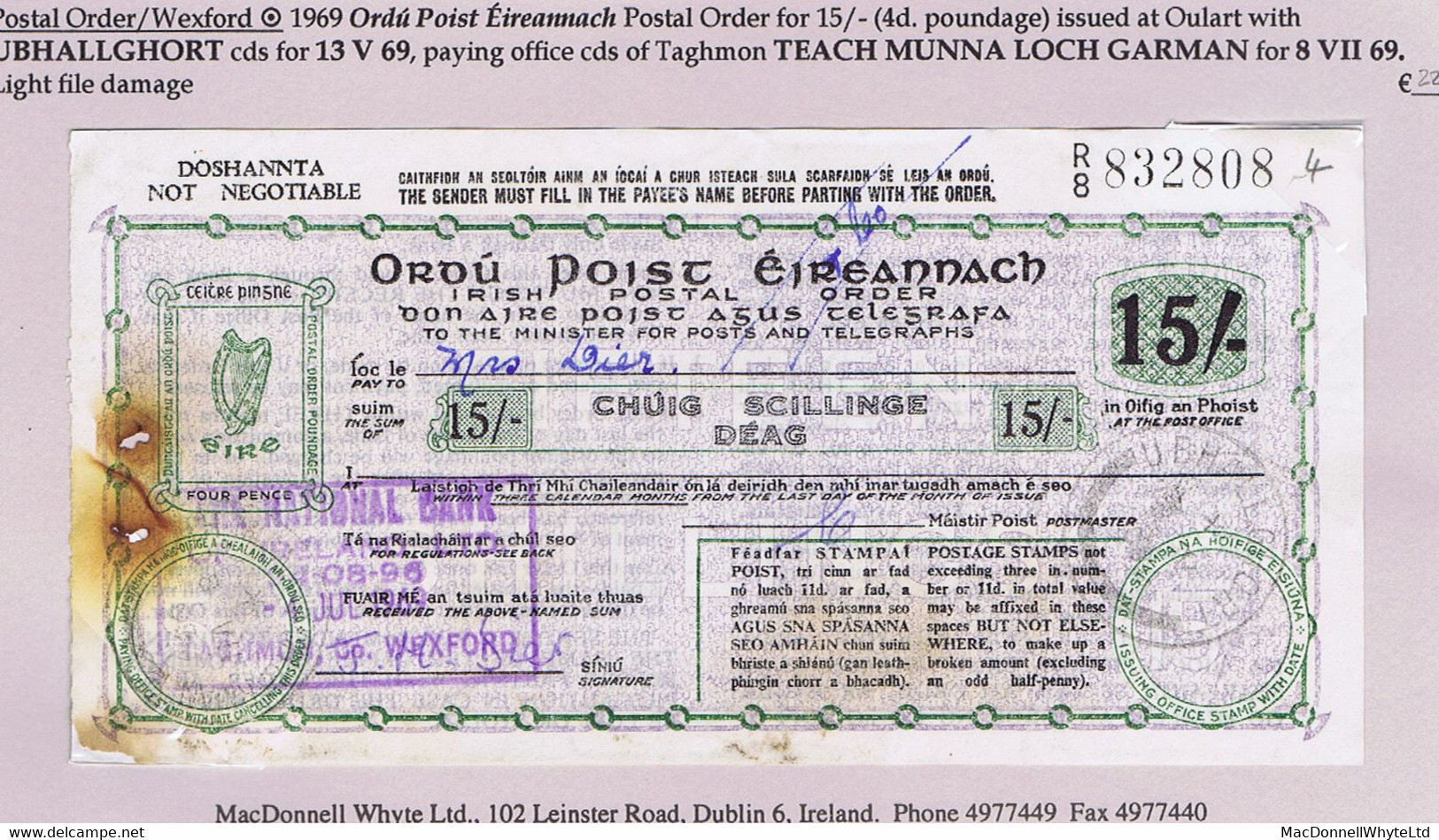 Ireland Wexford 1969 Postal Order For 15/- (poundage 4d) Paid In The National Bank Taghmon Branch, Issued At Oulart - Enteros Postales