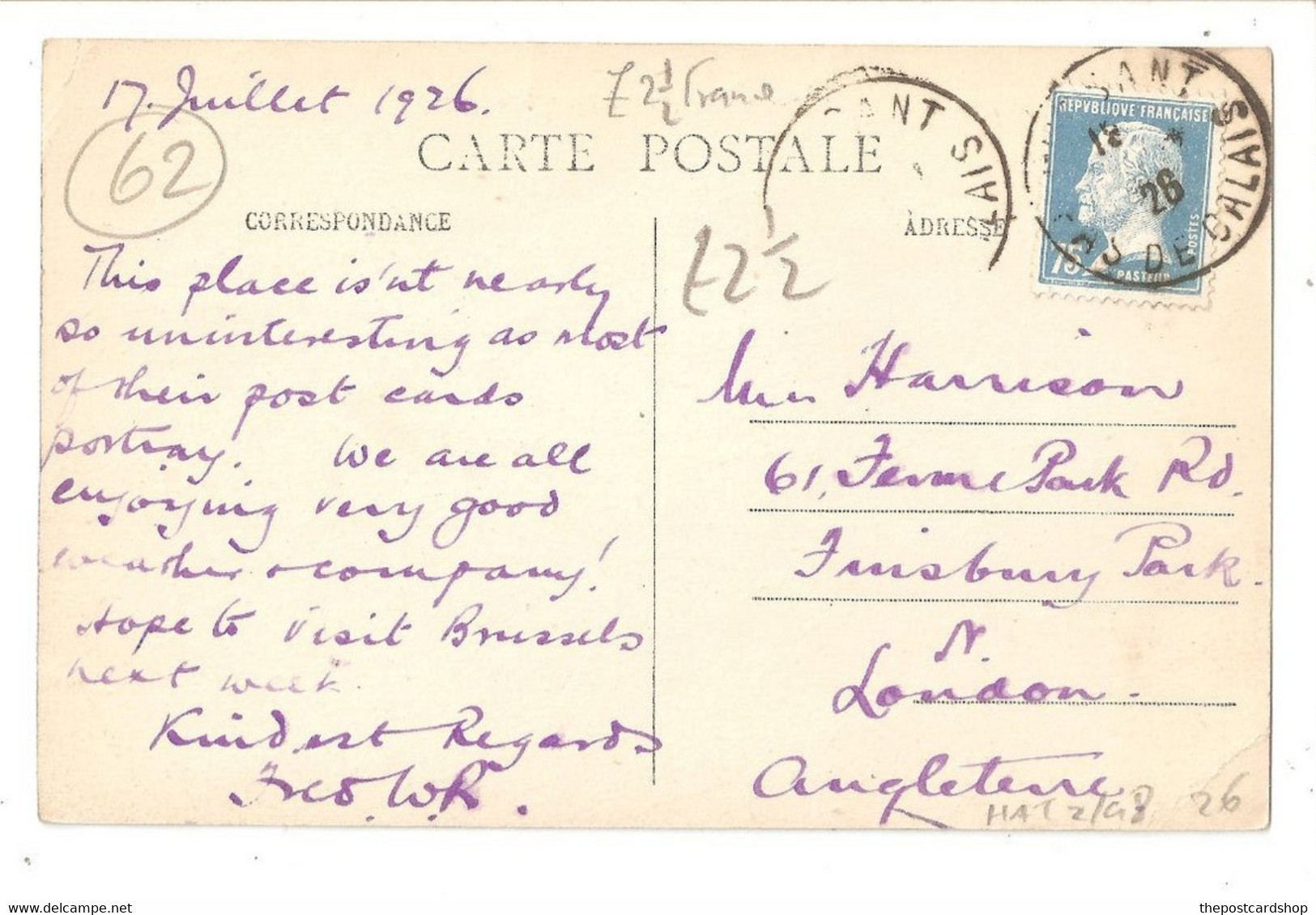 62 WISSANT WISSANT- Les Villas  See Postmarks Circulé:  oui  1926 ?027 - Wissant