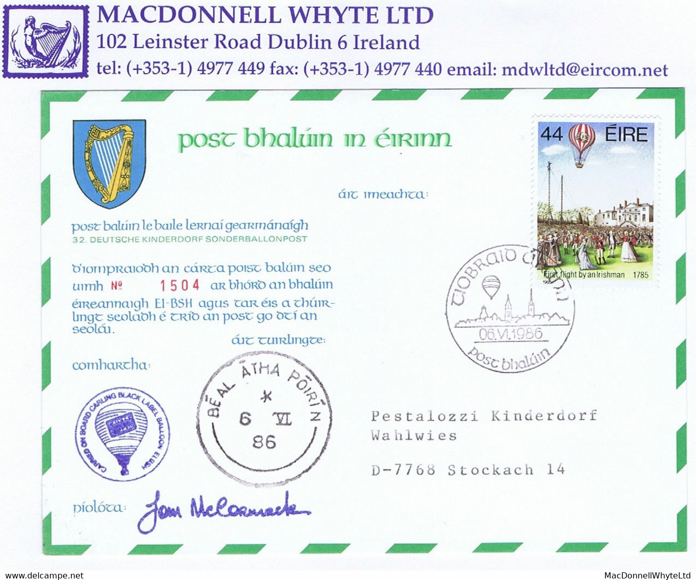 Ireland Airmail Balloon Post 1986 Tipperary POST BHALUIN Flown Card On Balloon EI-BSH With Ballyporeen Cds - Luftpost