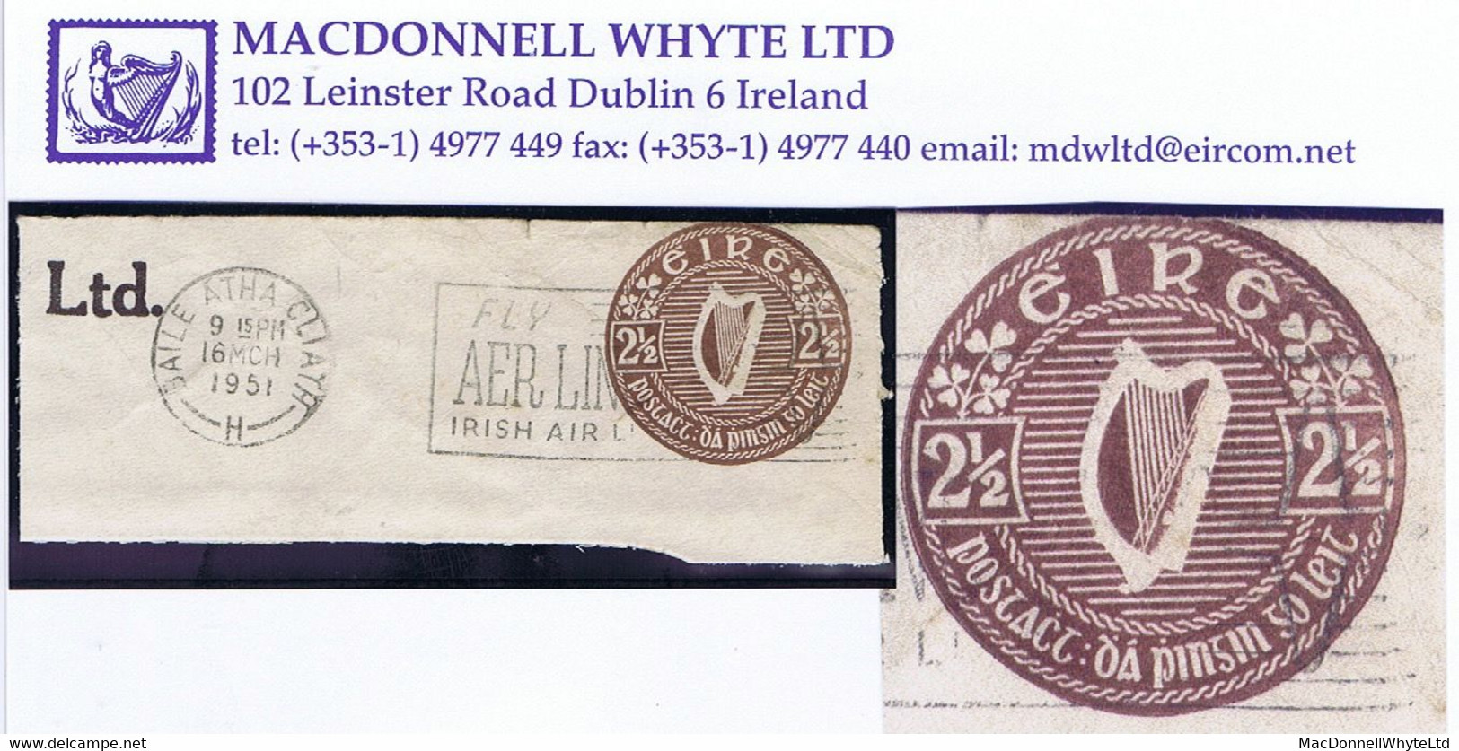 Ireland Stamped-to-order Embossed 2½d Brown On Piece Dublin Machine 16 MCH 1951, Creases But A Rare Stamp - Postwaardestukken