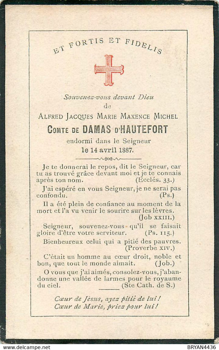 FAIRE-PART DECES GENEALOGIE NOBLESSE -  Alfred COMTE De DAMAS D' HAUTEFORT - 1887 - DOCUMENT En TRES BON ETAT - Todesanzeige