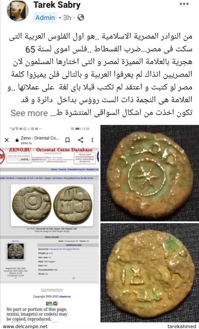 Egypt Umayyad , Rare Fals 65 AH .. Fustat Mint , Bronze 2.4 Gm  . Six Pointed Star In The Middle . Gomaa - Islamiques