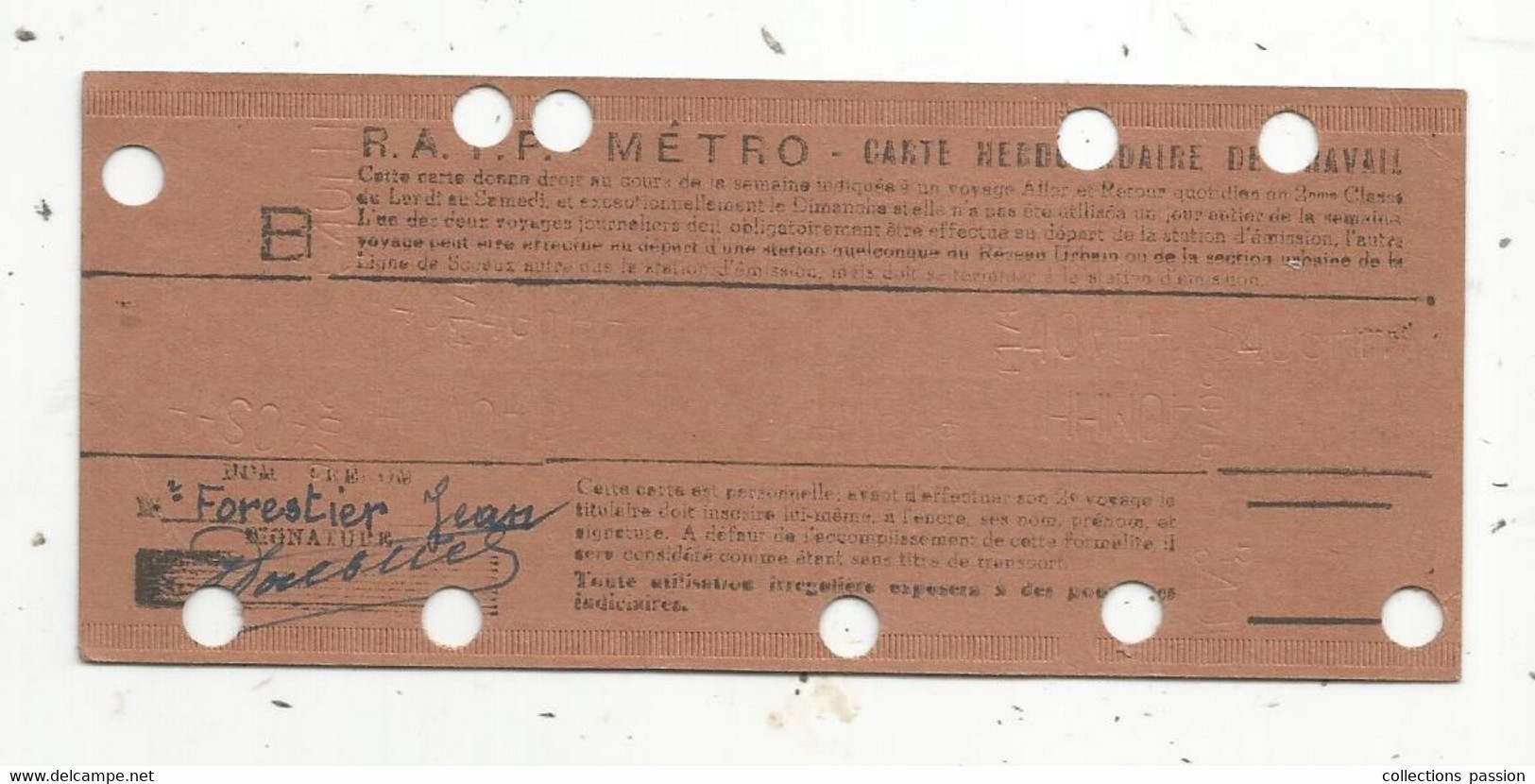 JC, Ticket De Transport U , R.A.T.P. , Métro , Carte Hebdomadaire De Travail ,Porte De CLIGNANCOURT ,1961 - Europa