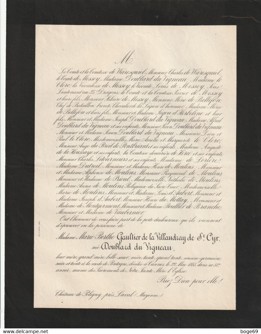 (53) MAYENNE, LAVAL Chateau De Poligny Mme Marie Berthe GAULTIER De La Villaudray De ST Cyr , Née DOUBLARD DU VIGNEAU - Overlijden