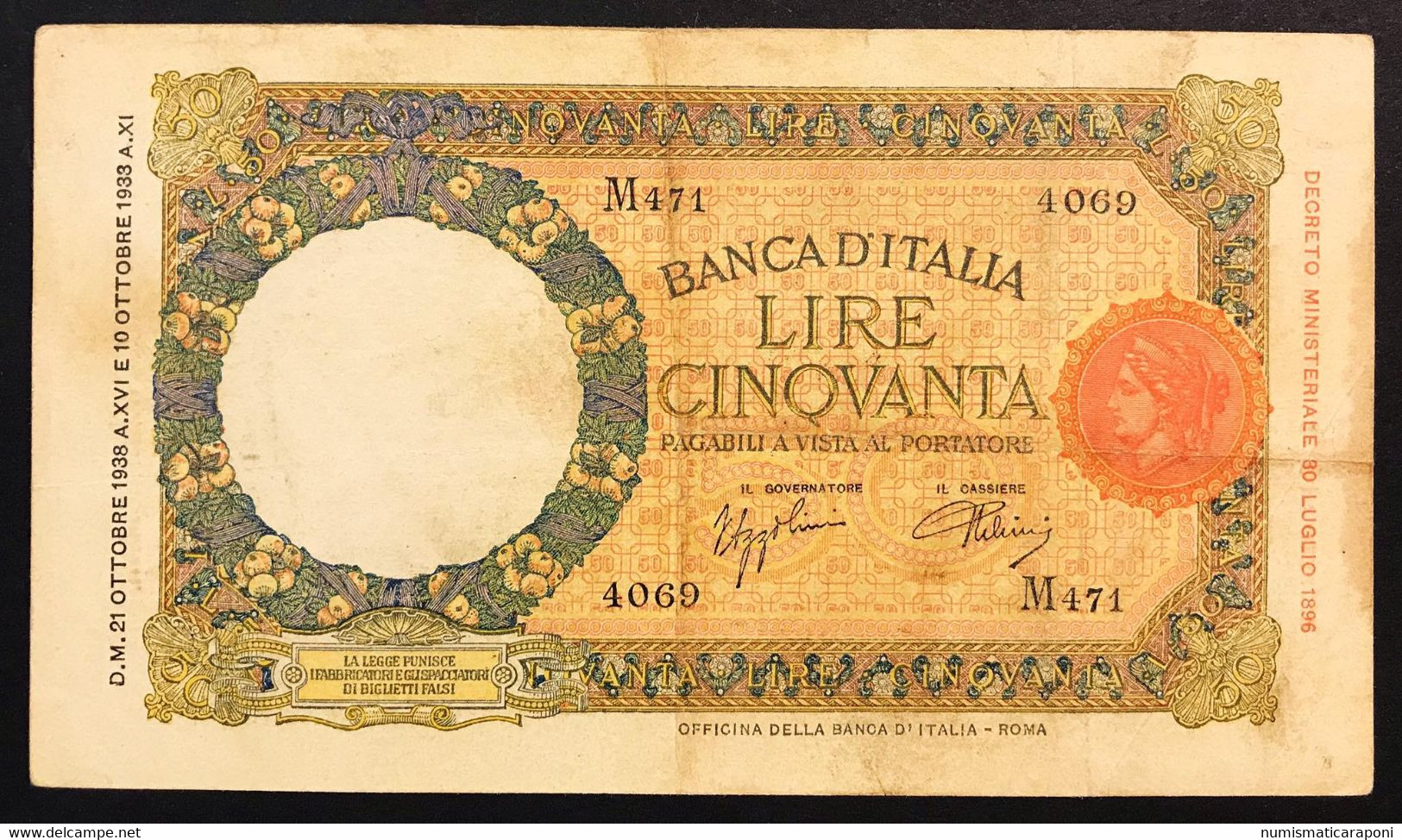 50 LIRE LUPA CAPITOLINA FASCIO ROMA 21 10 1938 BEL BIGLIETTO Bb LOTTO 1887 - 50 Liras