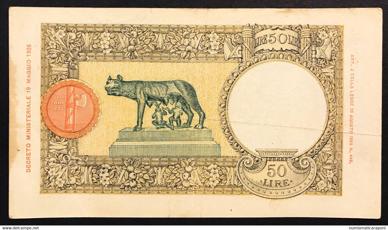 50 LIRE LUPA CAPITOLINA FASCIO ROMA 21 10 1938 BEL BIGLIETTO Bb LOTTO 1887 - 50 Lire