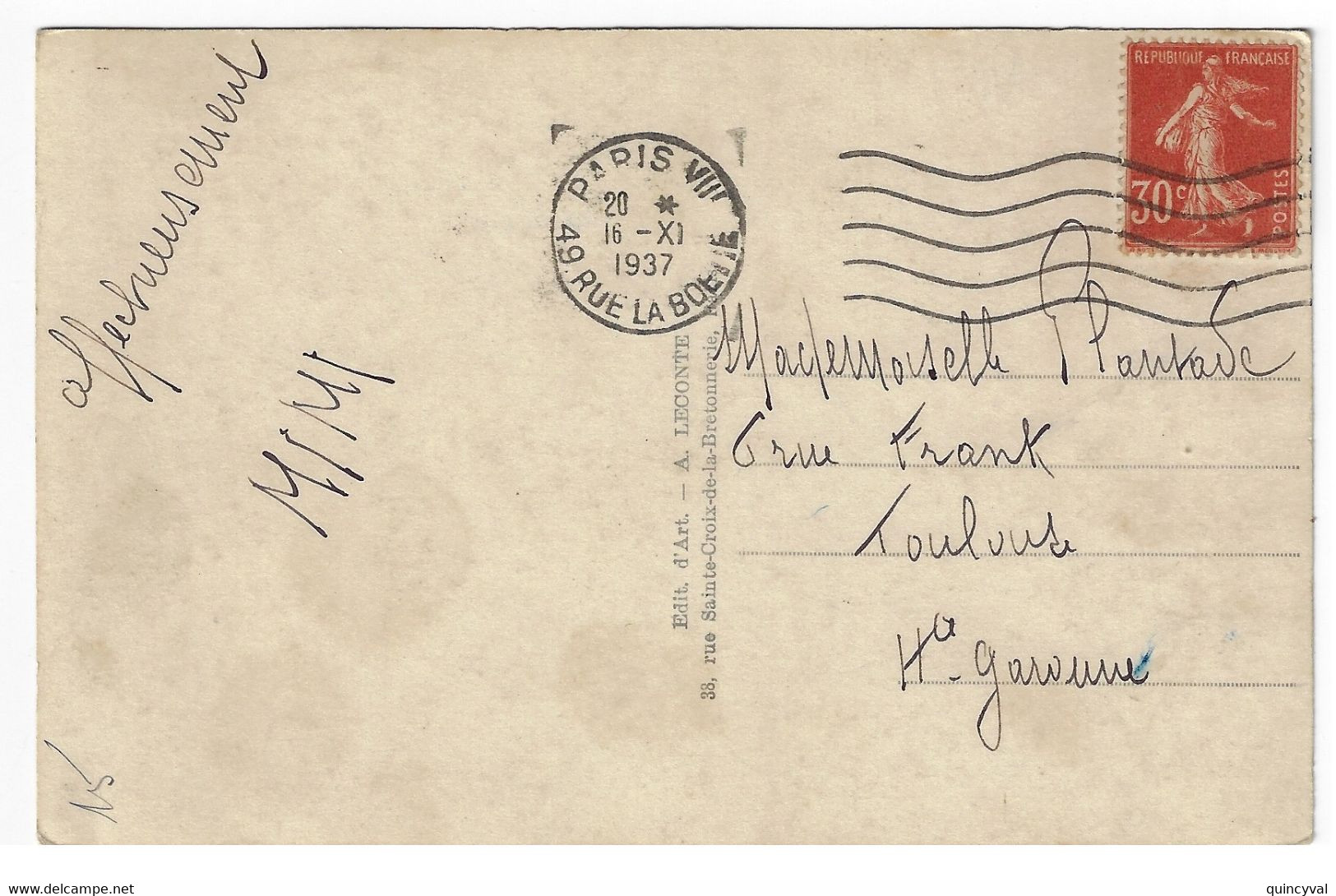 PARIS VIII 49 Rue La Boétie Carte Postale Yv 160 Semeuse 30c Rouge 1937 Ob Meca Franker 5 Lignes Ondulées A08204 - Mechanical Postmarks (Other)