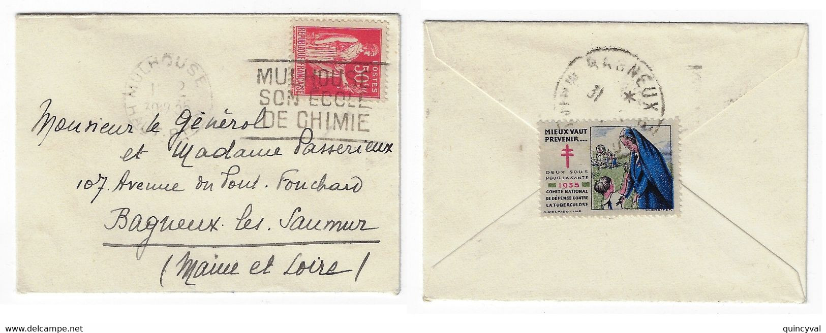 MULHOUSE Haut Rhin Carte Visite Mignonnette 50c Paix Yv 283 Ob 1935 Flamme Ecole Chime Yv 199 Verso Etiquett Tuberculose - Mechanical Postmarks (Other)