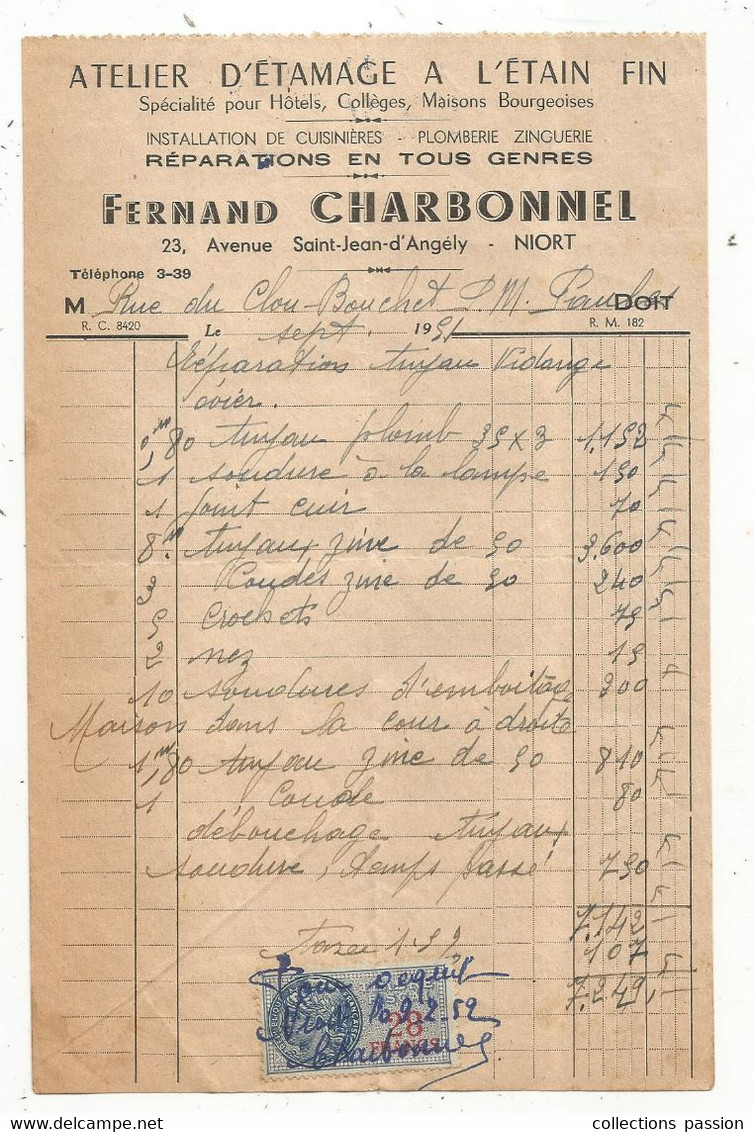 Facture, Atelier D'étamage à L'ETAIN Fin, Fernand CHARBONNEL , 79 , Deux Sèvres, NIORT , 1951 ,timbrée , Frais Fr 1.75 E - 1950 - ...