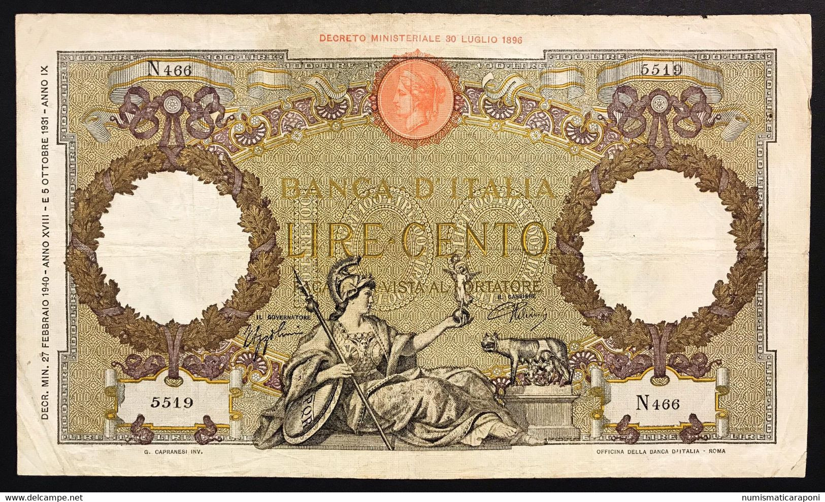 100 Lire Roma Guerriera Fascio Roma 27 02 1940 Bel Biglietto Con Carta E Colori Freschi  LOTTO 1194 - 100 Lire