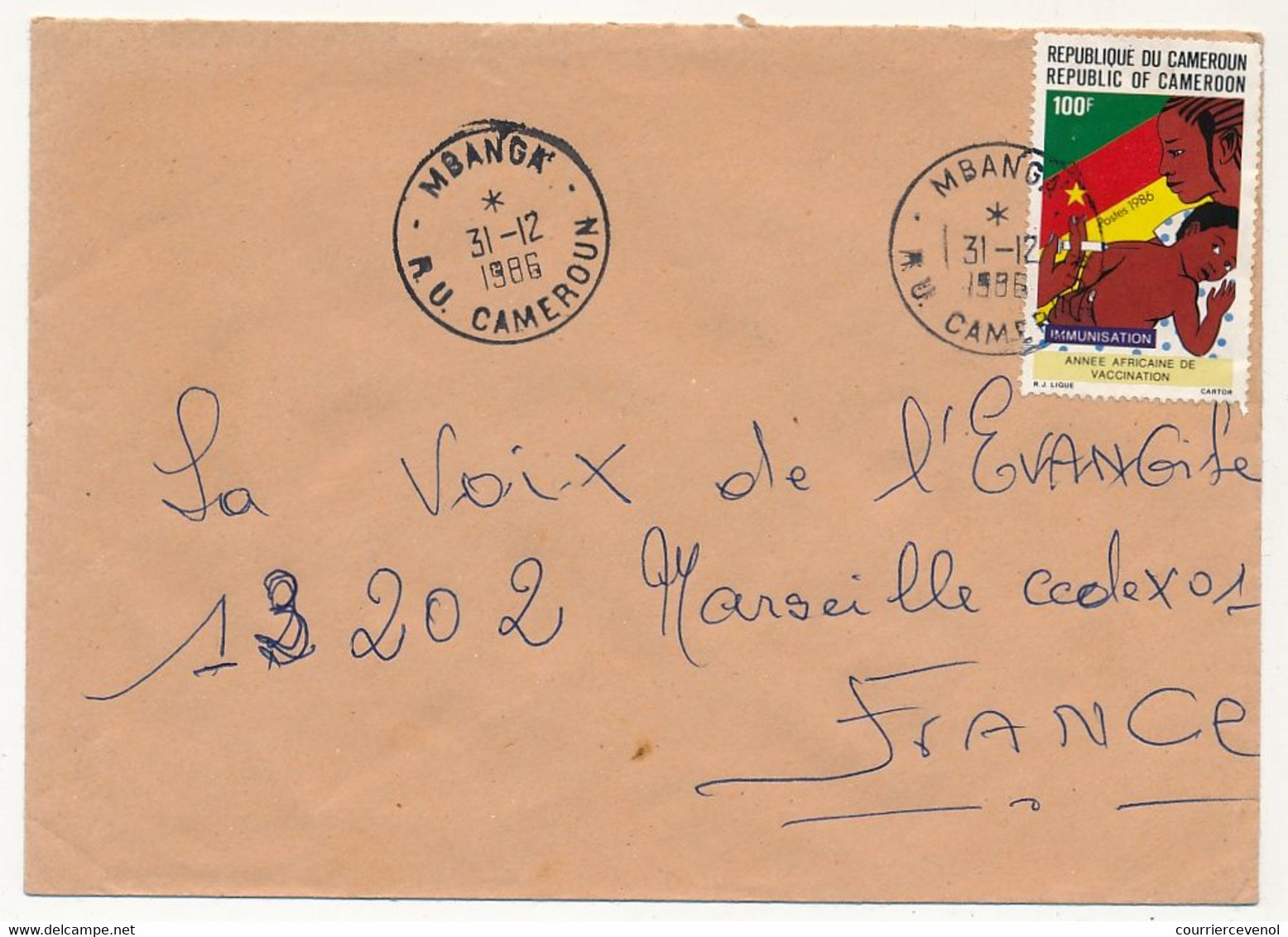 CAMEROUN => Enveloppe MBANGA Pour France, Affr. Vaccination - 31/12/1986 - Cameroun (1960-...)