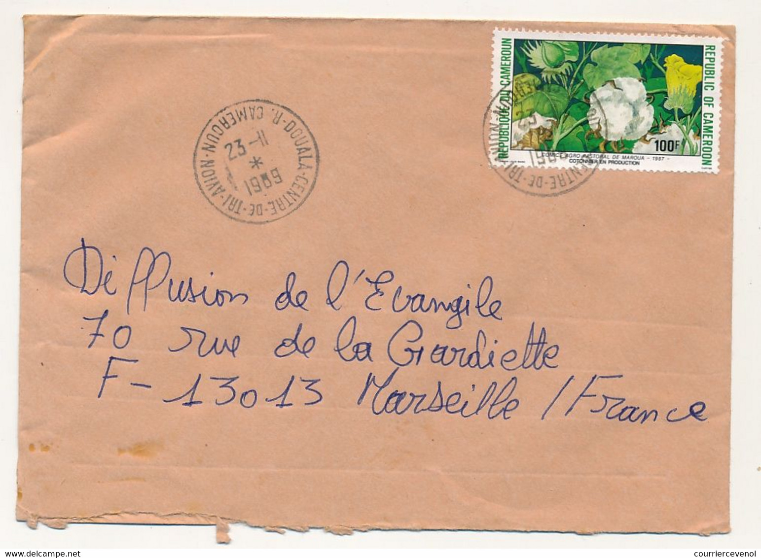 CAMEROUN => Enveloppe Douala Centre De Tri Avion Pour France, Affr. 100F Cotonnier - 23/11/1969 - Kamerun (1960-...)