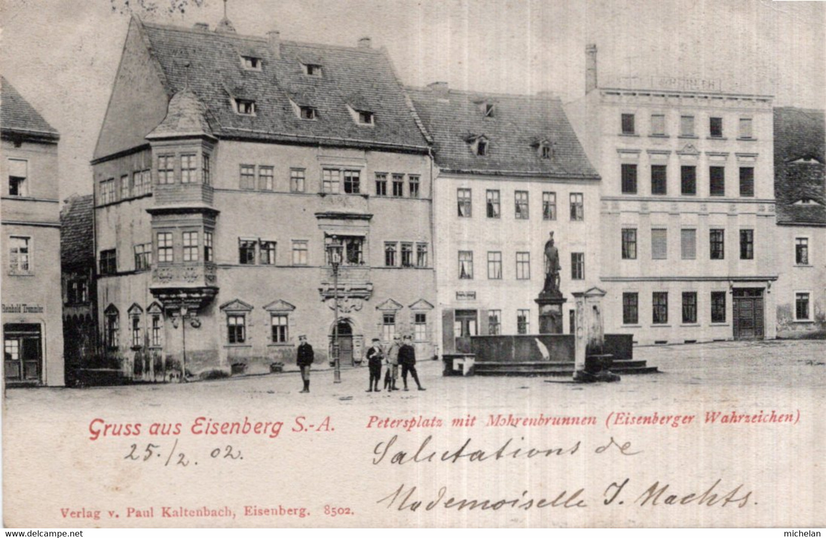 CPA   ALLEMAGNE----GRUSS AUS EISENBERG---PETERPLATZ MIT MOHREUBRUNNEN---1902 - Eisenberg