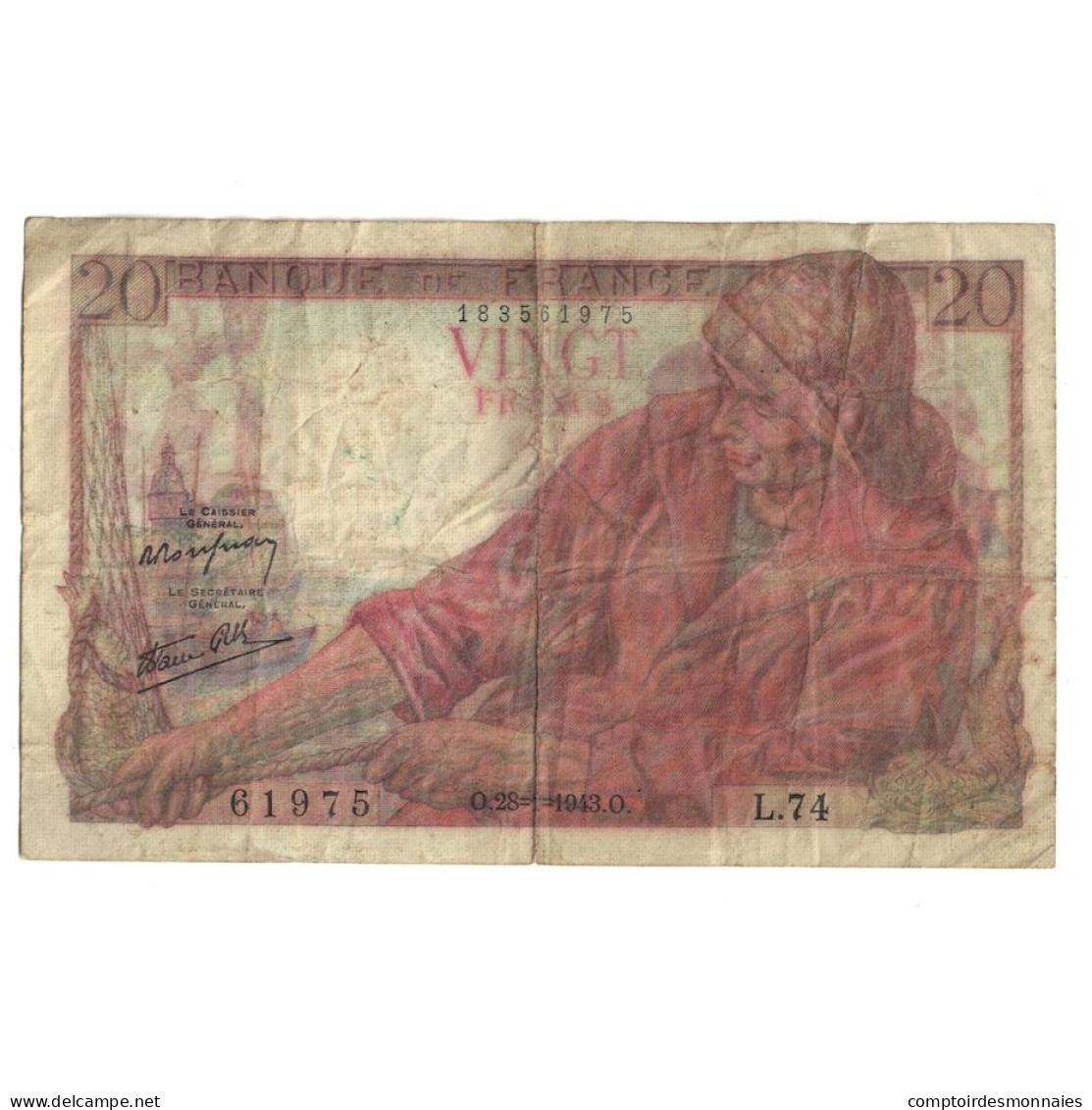 France, 20 Francs, Pêcheur, 1943, 1943-01-28, B, Fayette:13.5, KM:100a - 20 F 1942-1950 ''Pêcheur''