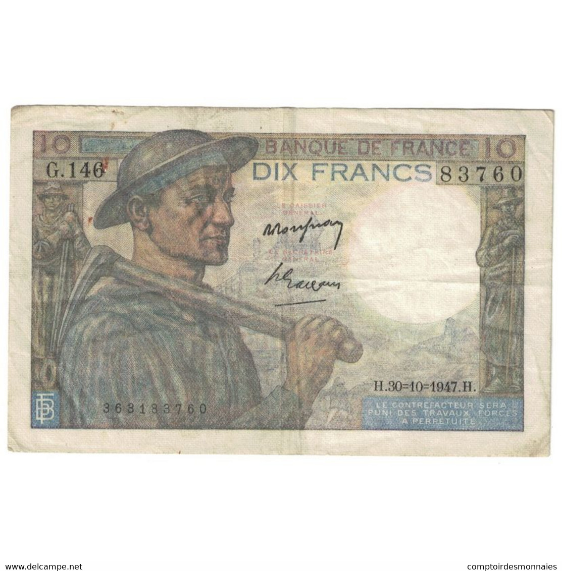 France, 10 Francs, Mineur, 1947, 1947-10-30, TB, Fayette:8.18, KM:99f - 10 F 1941-1949 ''Mineur''