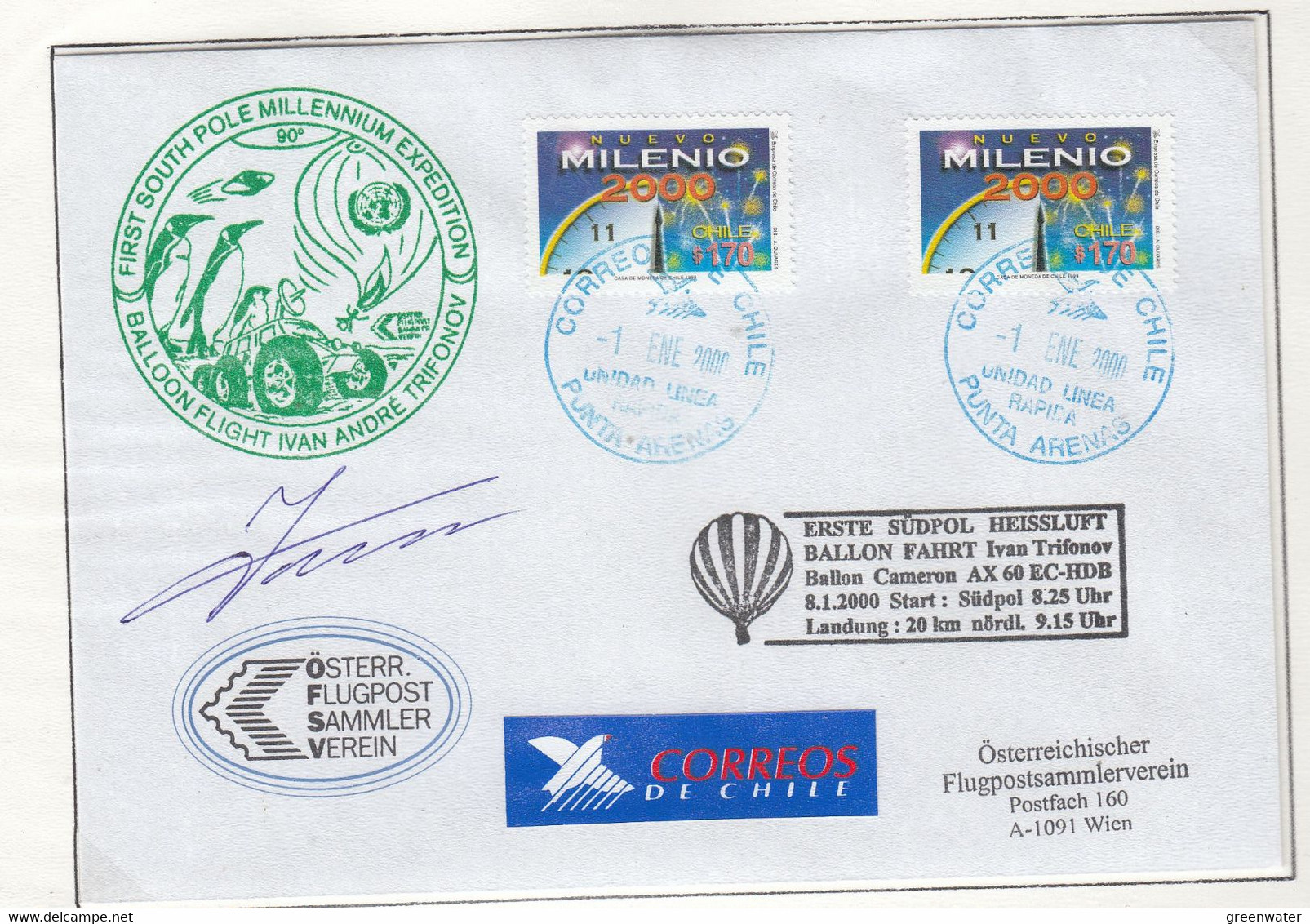 CHILE 2000 First Southpole Balloon Flight Cover Ca Punta Arenas 1 Ene 2000 Signature Pilot (CH151) - Vols Polaires