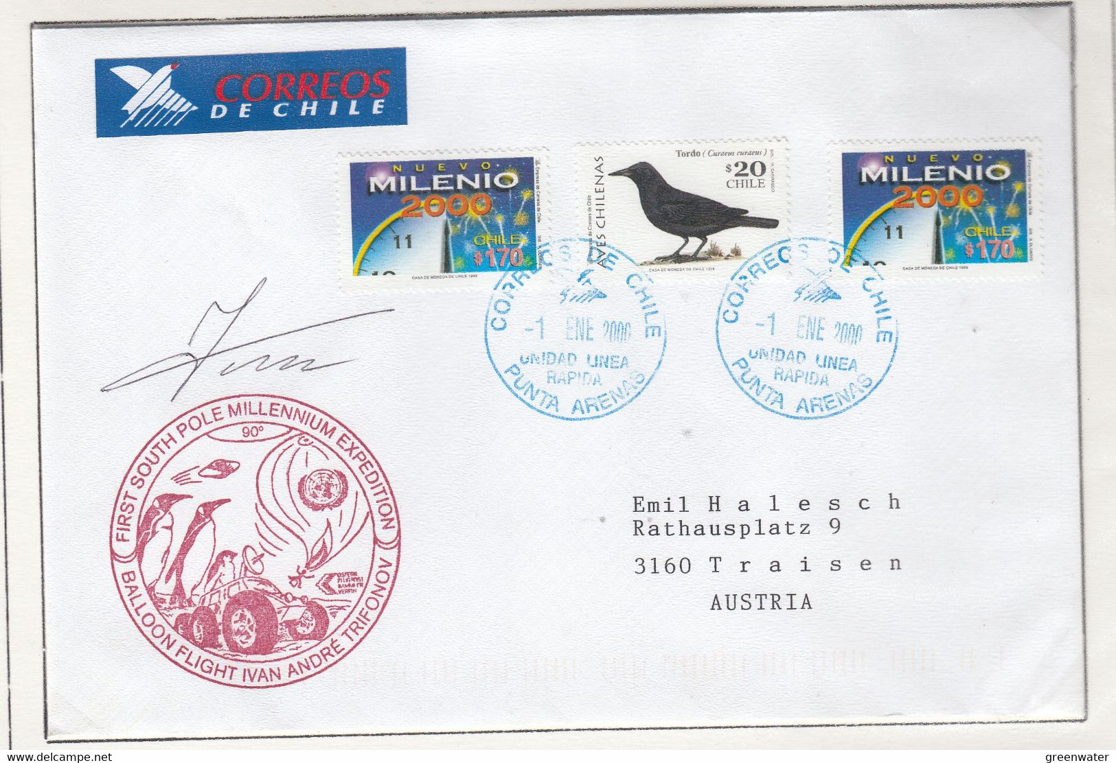 CHILE 2000 First Southpole Balloon Flight  Registered Cover Ca Punta Arenas 1.ENE. 2000 Signature Pilot (CH151B) - Vols Polaires