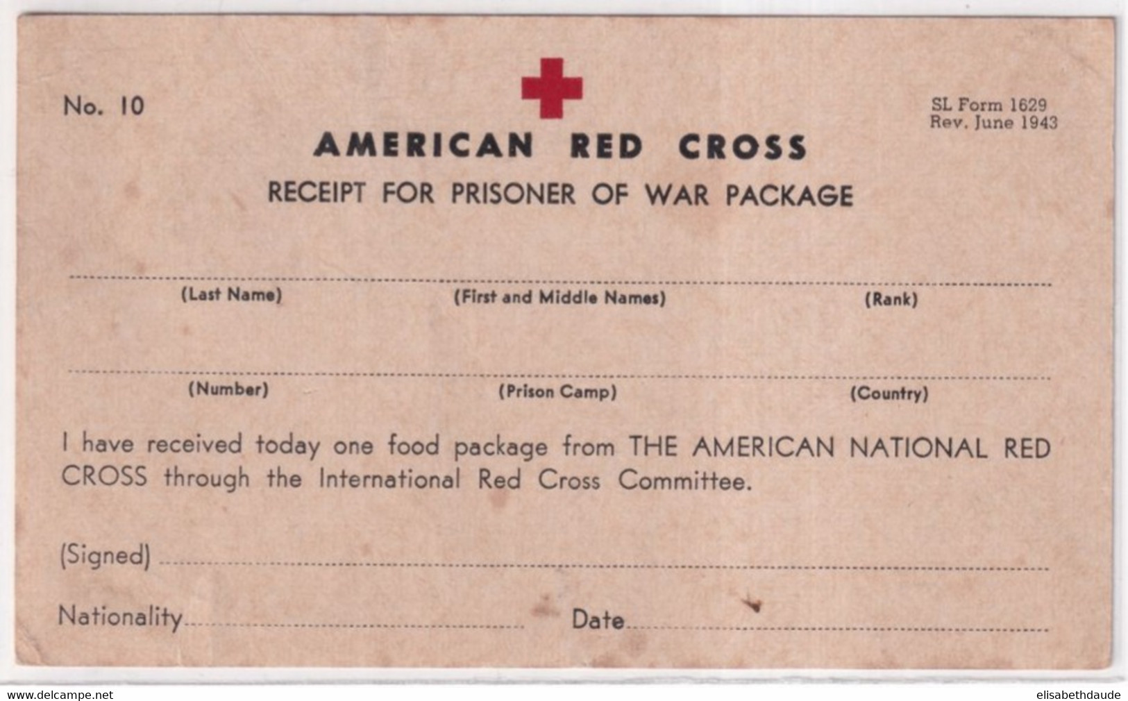 1943 - CROIX-ROUGE - CARTE RECEPTION COLIS De PRISONNIERS De GUERRE AMERICAINS => AMERICAN RED CROSS - Croix Rouge
