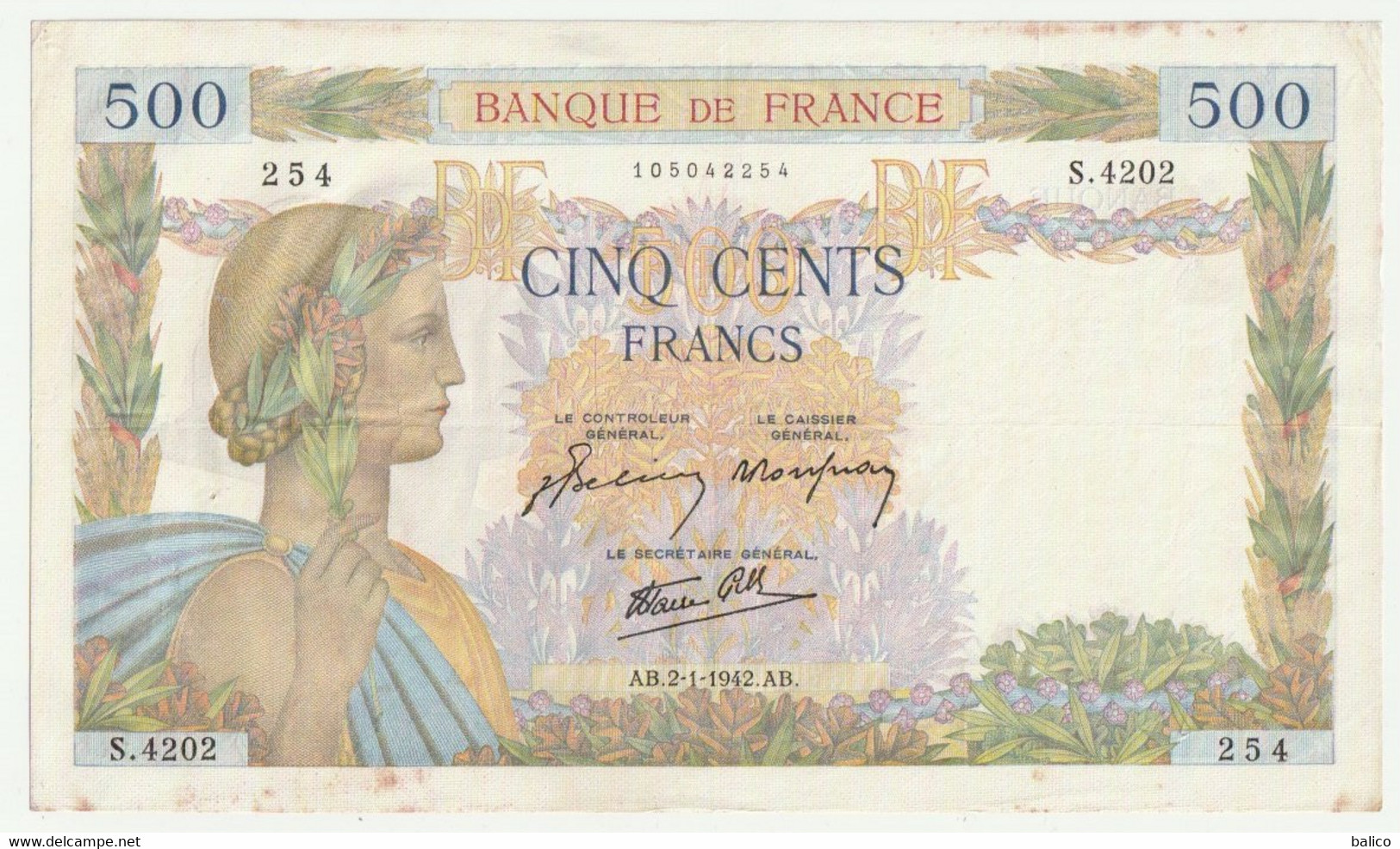 Billet 500 Francs, La Paix 2-1-1942 France  - N°  S.4202  254 - 500 F 1940-1944 ''La Paix''