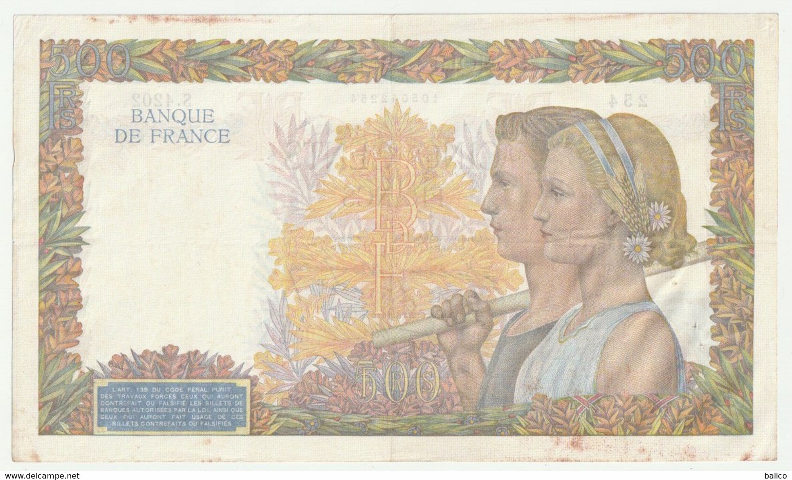 Billet 500 Francs, La Paix 2-1-1942 France  - N°  S.4202  254 - 500 F 1940-1944 ''La Paix''