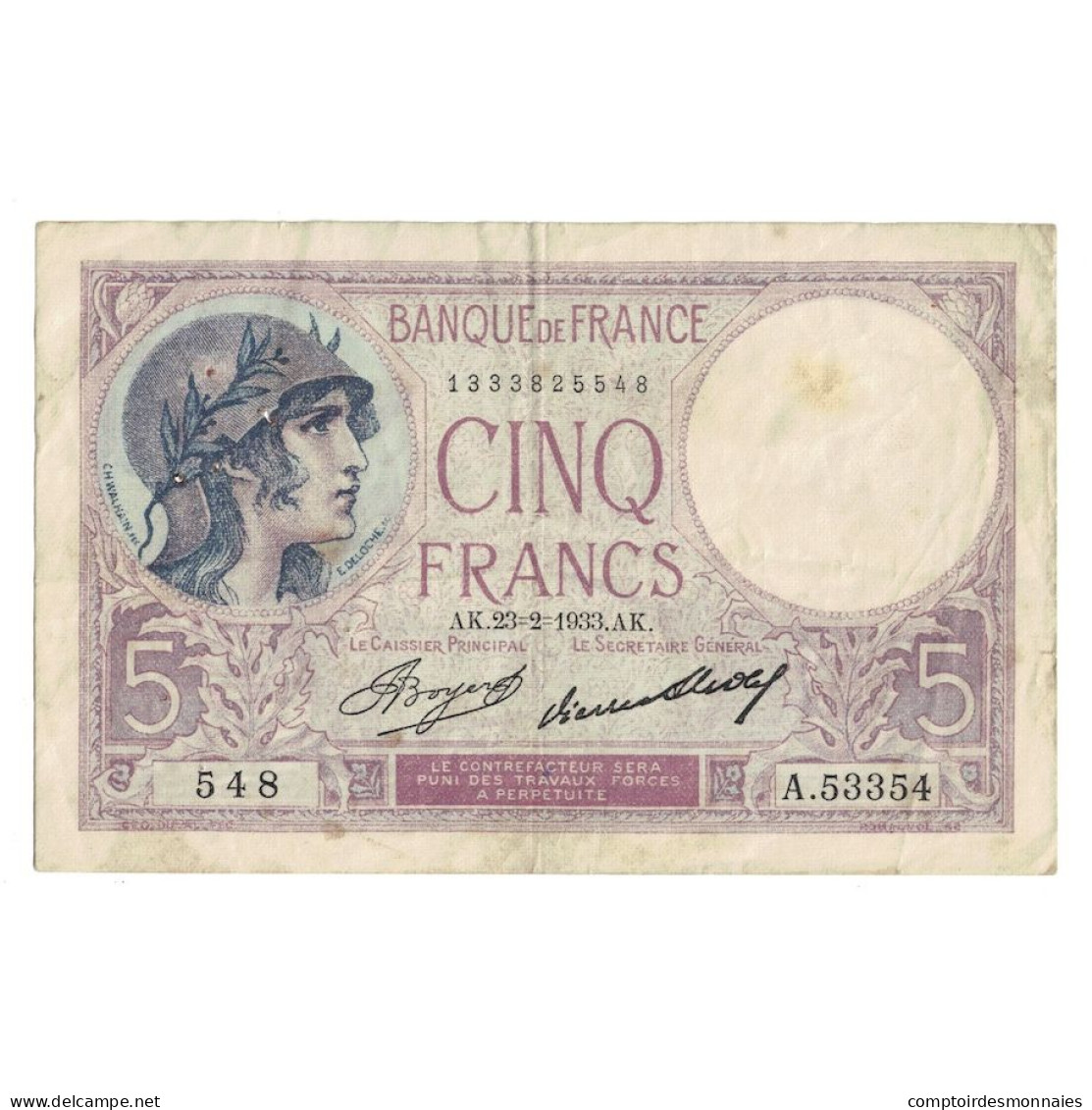 France, 5 Francs, Violet, 1933, 1933-02-23, TB, Fayette:3.17, KM:72e - 5 F 1917-1940 ''Violet''