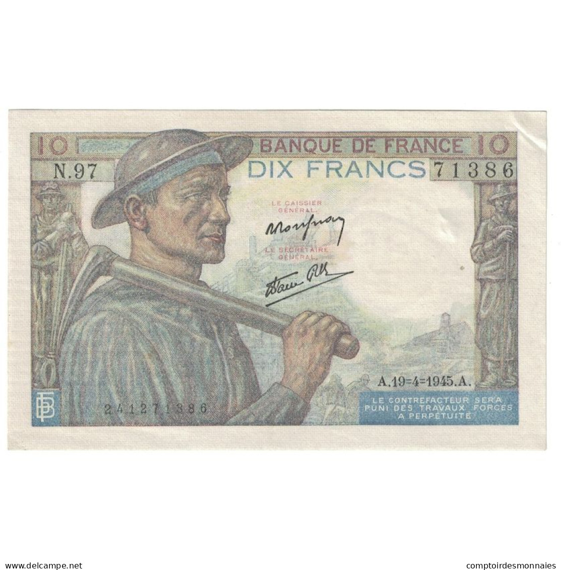 France, 10 Francs, Mineur, 1945, 1945-04-19, SUP, Fayette:8.13, KM:99b - 10 F 1941-1949 ''Mineur''