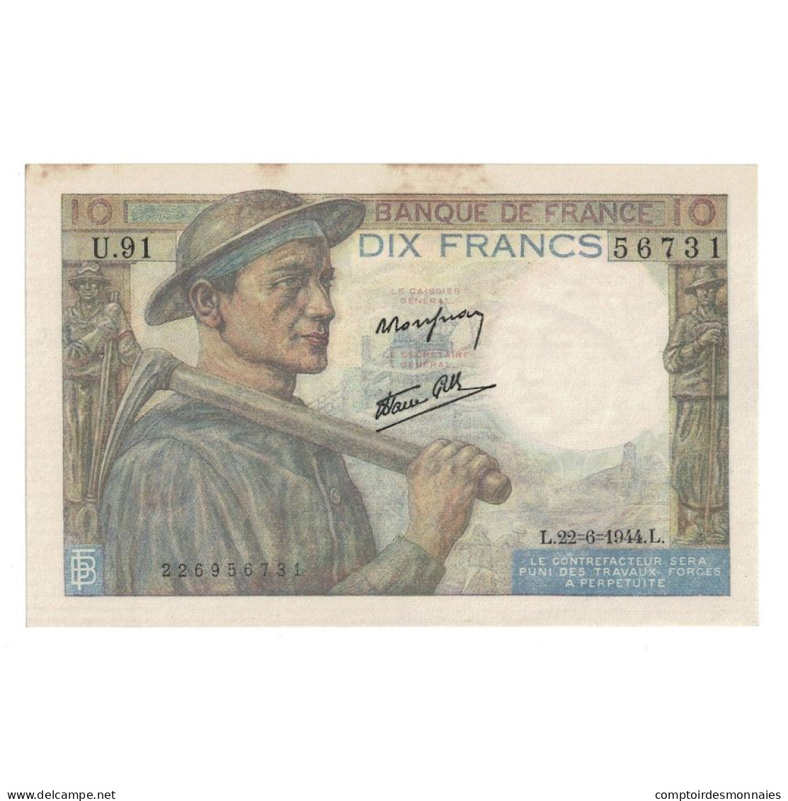 France, 10 Francs, Mineur, 1944, 1944-06-22, TTB+, Fayette:8.12, KM:99e - 10 F 1941-1949 ''Mineur''