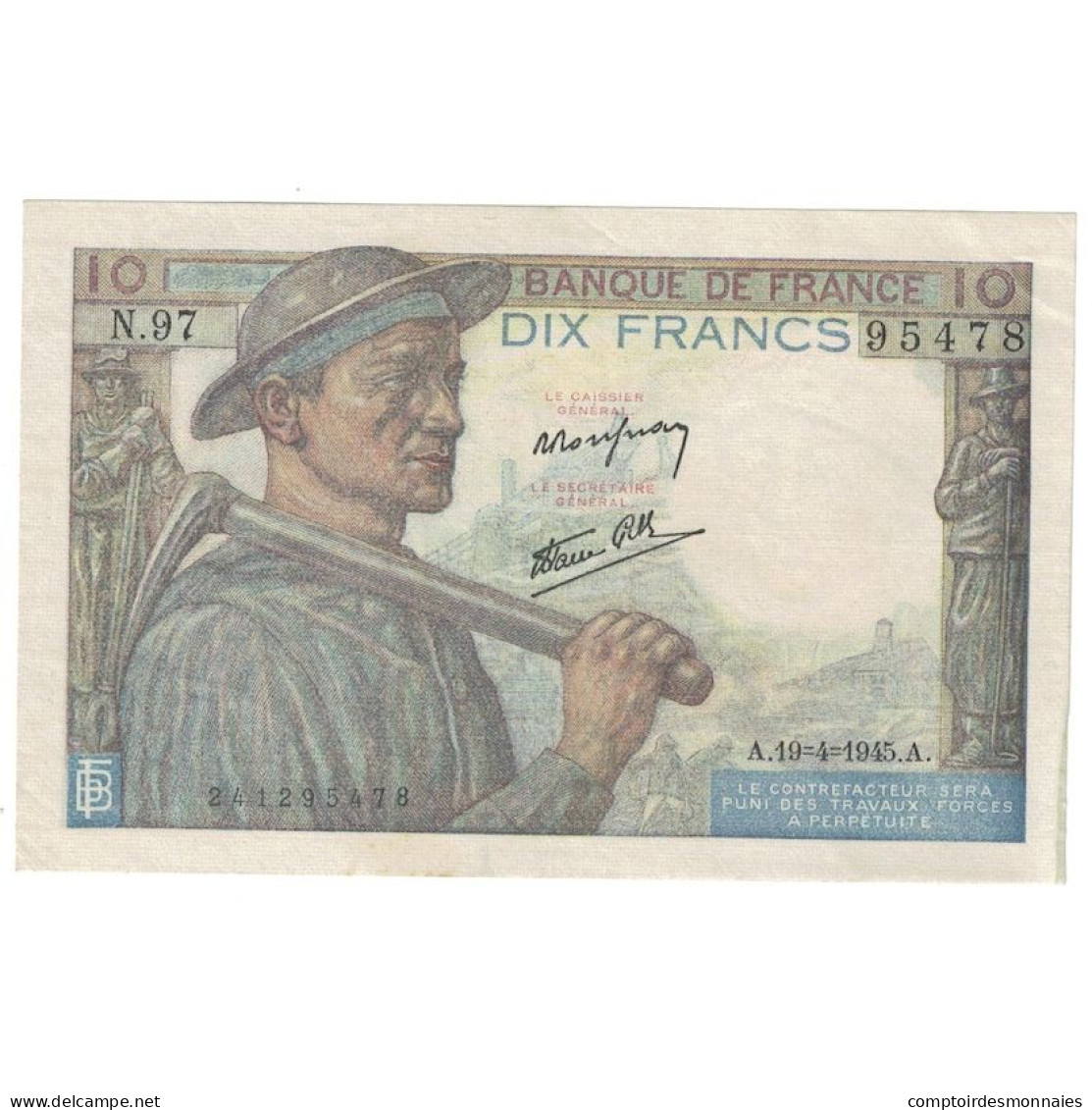 France, 10 Francs, Mineur, 1945, 1945-04-19, SPL, Fayette:8.13, KM:99b - 10 F 1941-1949 ''Mineur''