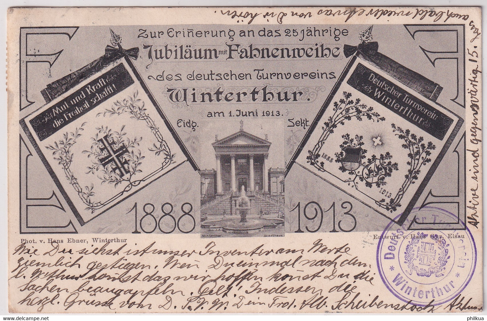 Winterthur - 25 Jähriges Jubiläum Mit Fahnenweihe Des Deutschen Turnvereins Winterthur Mit Vereinsstempel - Winterthur