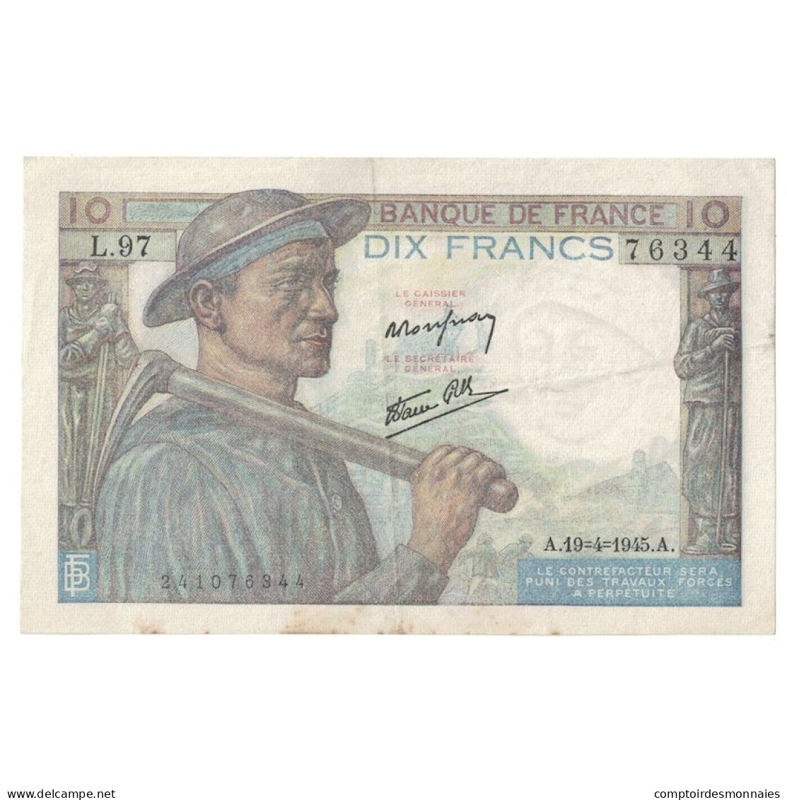France, 10 Francs, Mineur, 1945, 1945-04-19, TTB+, Fayette:8.13, KM:99b - 10 F 1941-1949 ''Mineur''