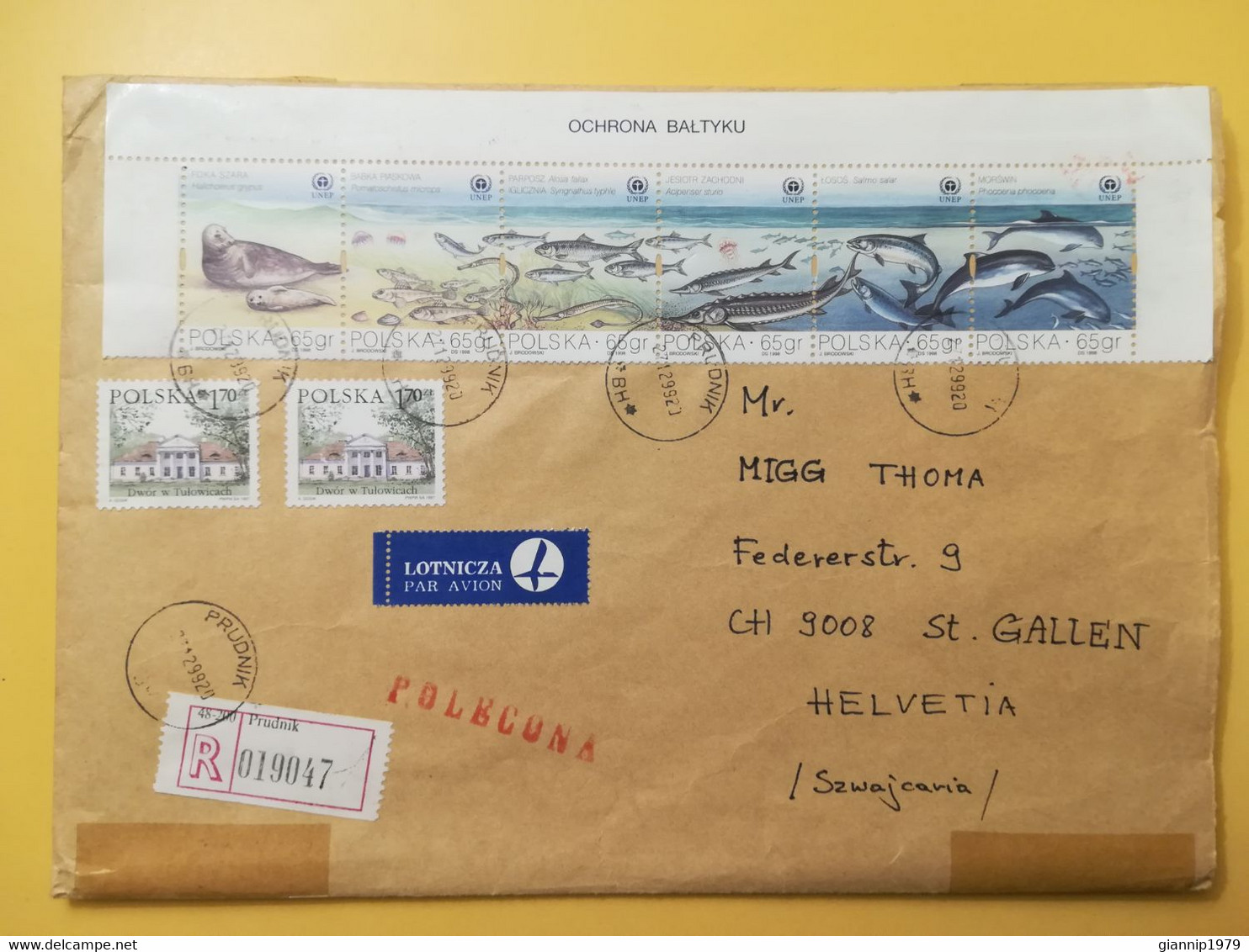 1999 BUSTA COVER RACCOMANDATA REGISTERED POLONIA POLSKA POLAND BOLLO BALTIC SEA PROTECTION OBLITERE' PRUDNIK FOR SUISSE - Lettres & Documents