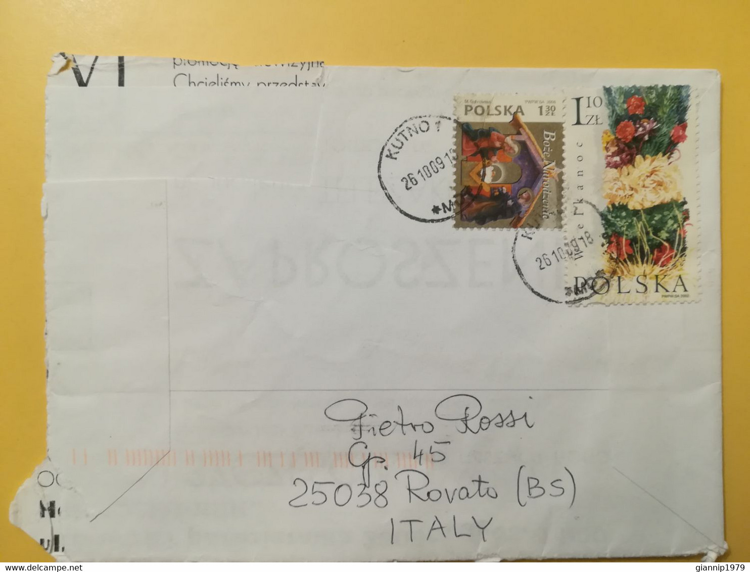 2009 BUSTA COVER  POLONIA POLSKA POLAND BOLLO FIORI FLOWERS OBLITERE' KUTNO FOR ITALY - Lettres & Documents