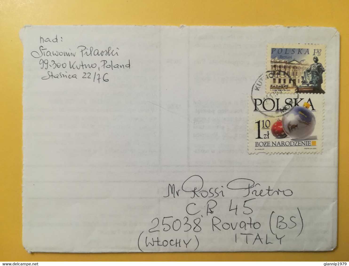2009 BUSTA COVER  POLONIA POLSKA POLAND BOLLO NATALE CHRISTMAS NOEL OBLITERE' KUTNO FOR ITALY - Briefe U. Dokumente