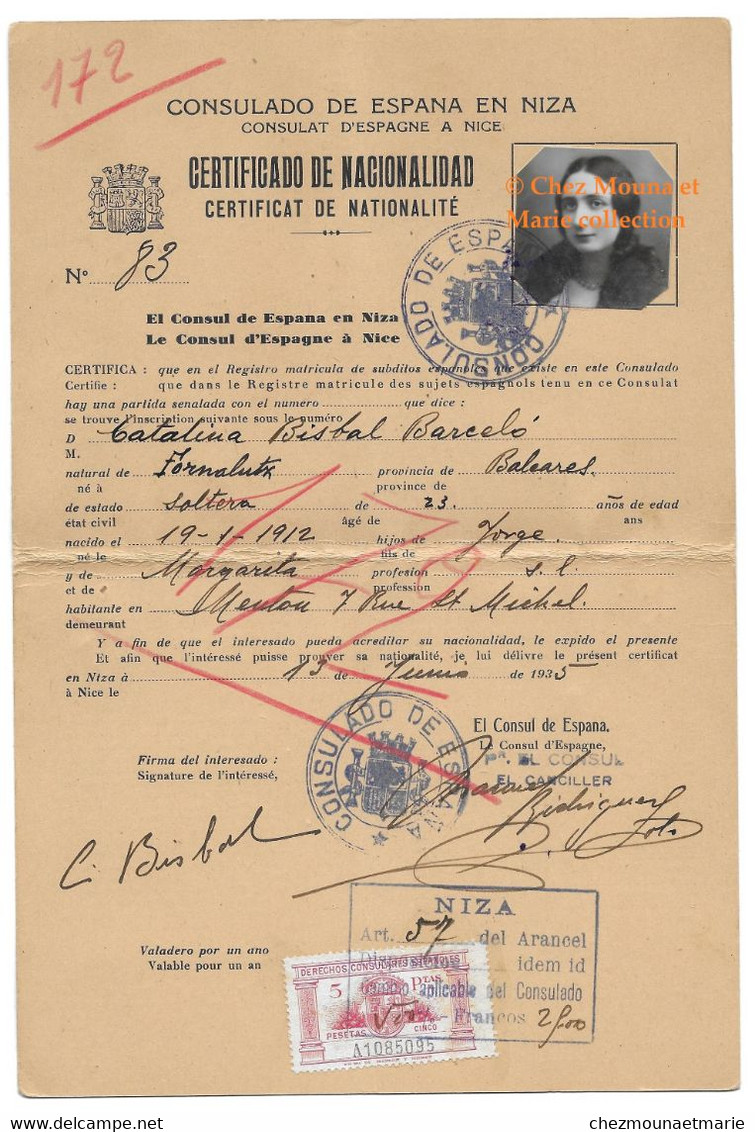 CERTIFICAT DE NATIONALITE - CATALINA BISBAL BARCELO - NEE A FORNALUTX BALEARES EN 1912 - HBT MENTON - CONSULAT NICE - Documentos Históricos