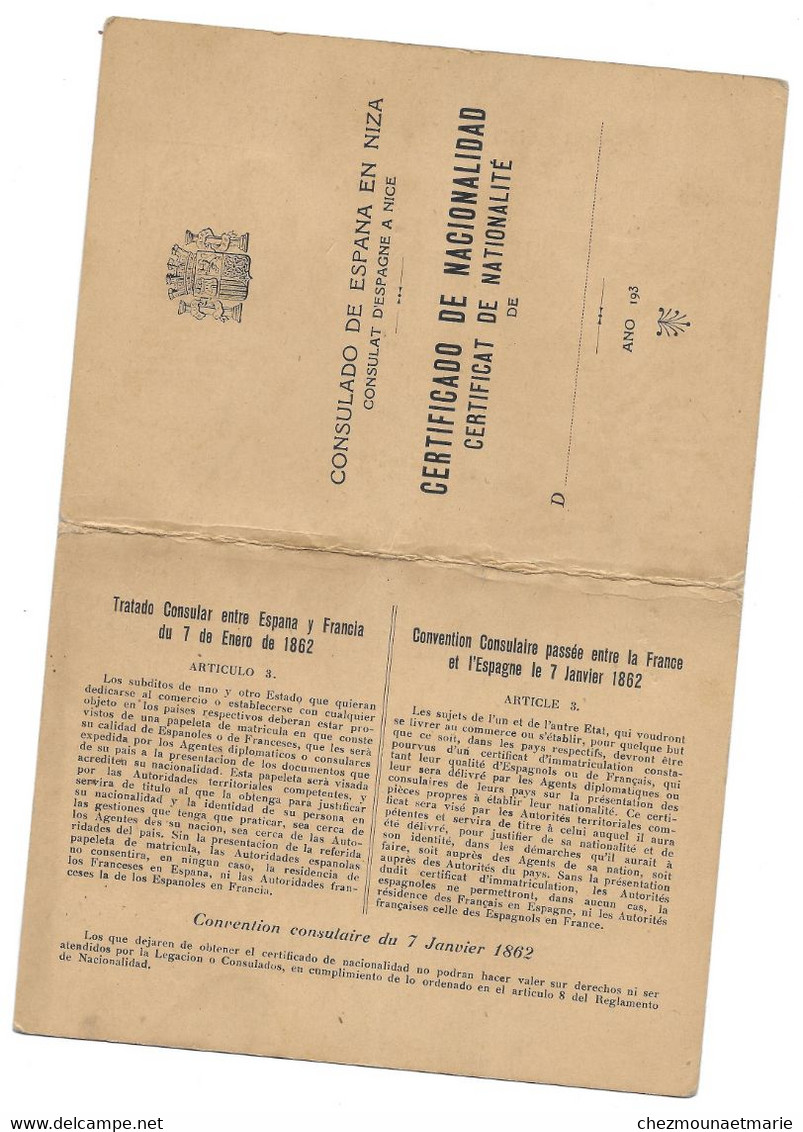 CERTIFICAT DE NATIONALITE - CATALINA BISBAL BARCELO - NEE A FORNALUTX BALEARES EN 1912 - HBT MENTON - CONSULAT NICE - Historische Dokumente