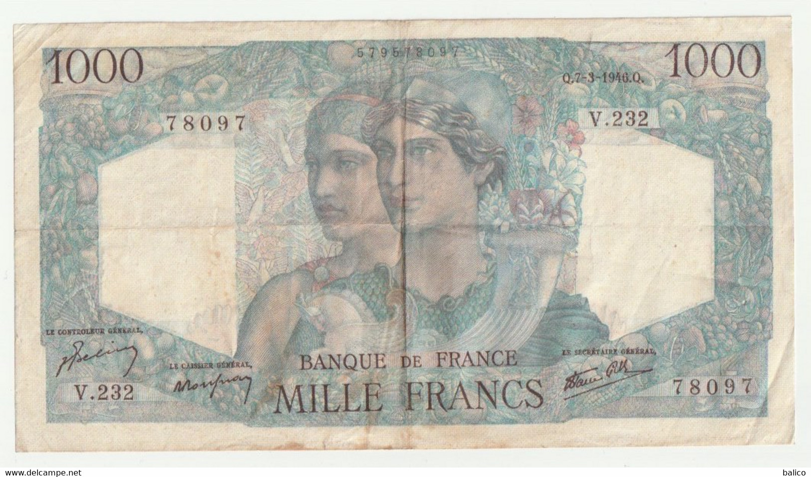 France - 1000 Francs - Minerve Et Hercule Du 7-3-1946 - N° V.232  78097  (très Bon état) - 1 000 F 1945-1950 ''Minerve Et Hercule''