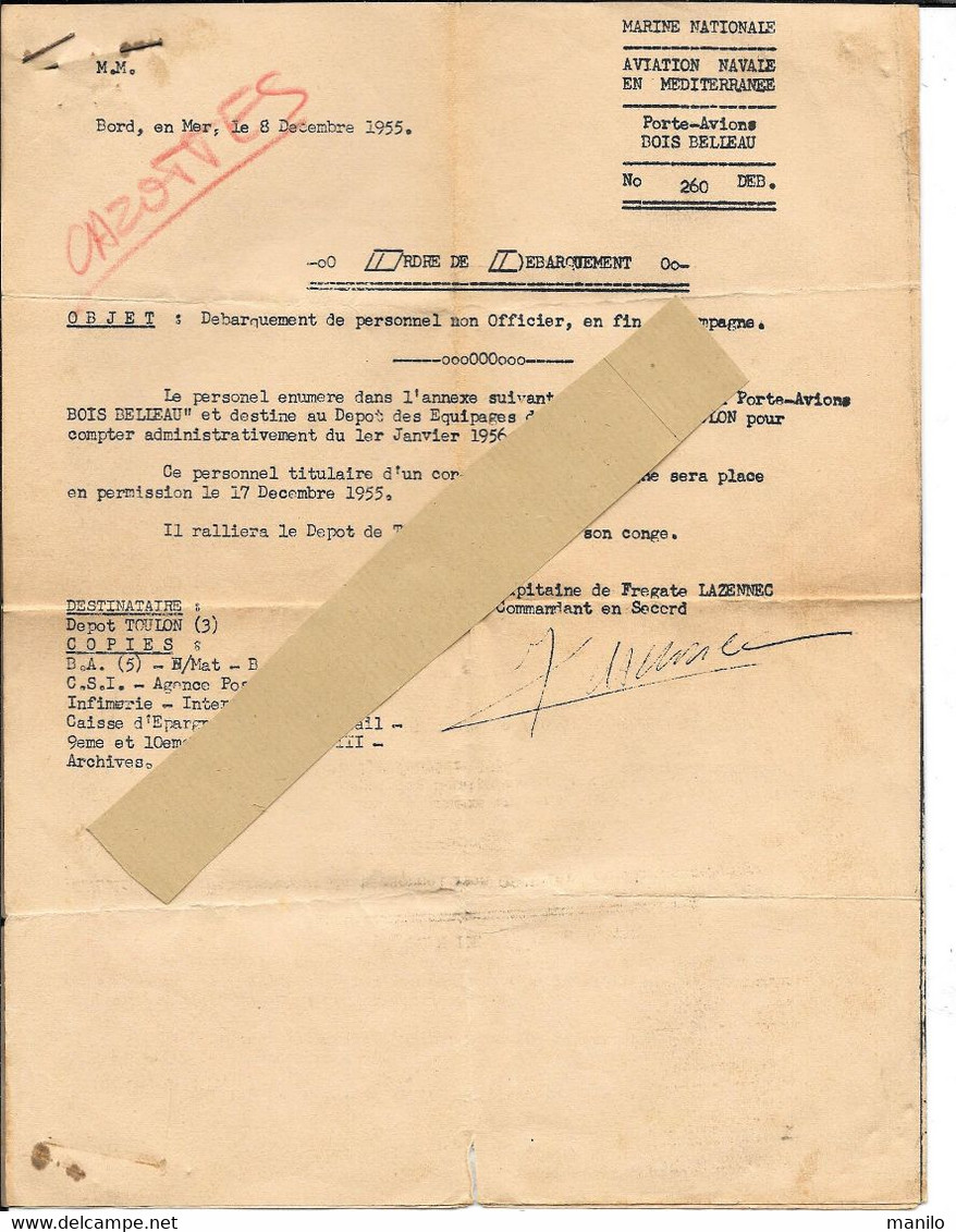 Lettre MARINE NATIONALE -AVIATION NAV. EN MEDITERRANEE - Porte-Avion BOIS BELLEAU - 1955  Débarquement Fin De Campagne - Andere & Zonder Classificatie