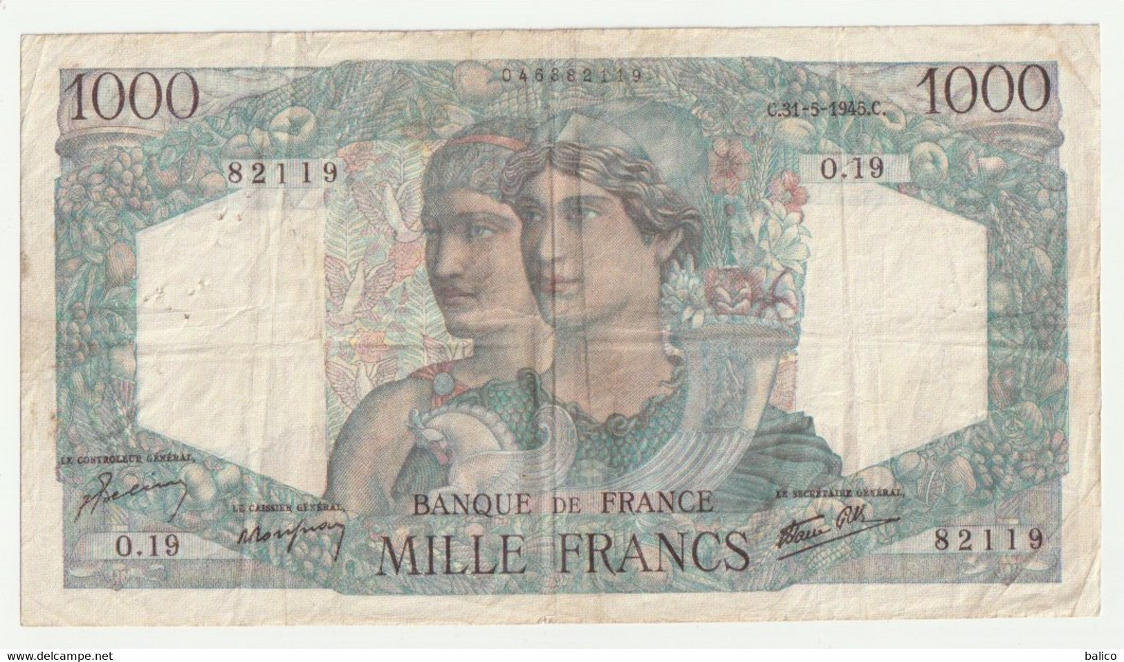 France - 1000 Francs - Minerve Et Hercule Du 31-5-1945 - N° 019  82119  ( Bon état ) - 1 000 F 1945-1950 ''Minerve Et Hercule''