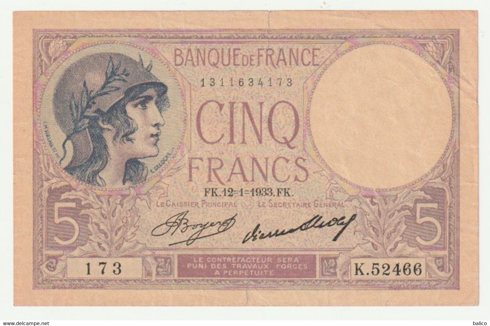 France - Billet 5 Francs Violet Du 12-1-1933   N°  K.52466  173 - 5 F 1917-1940 ''Violet''