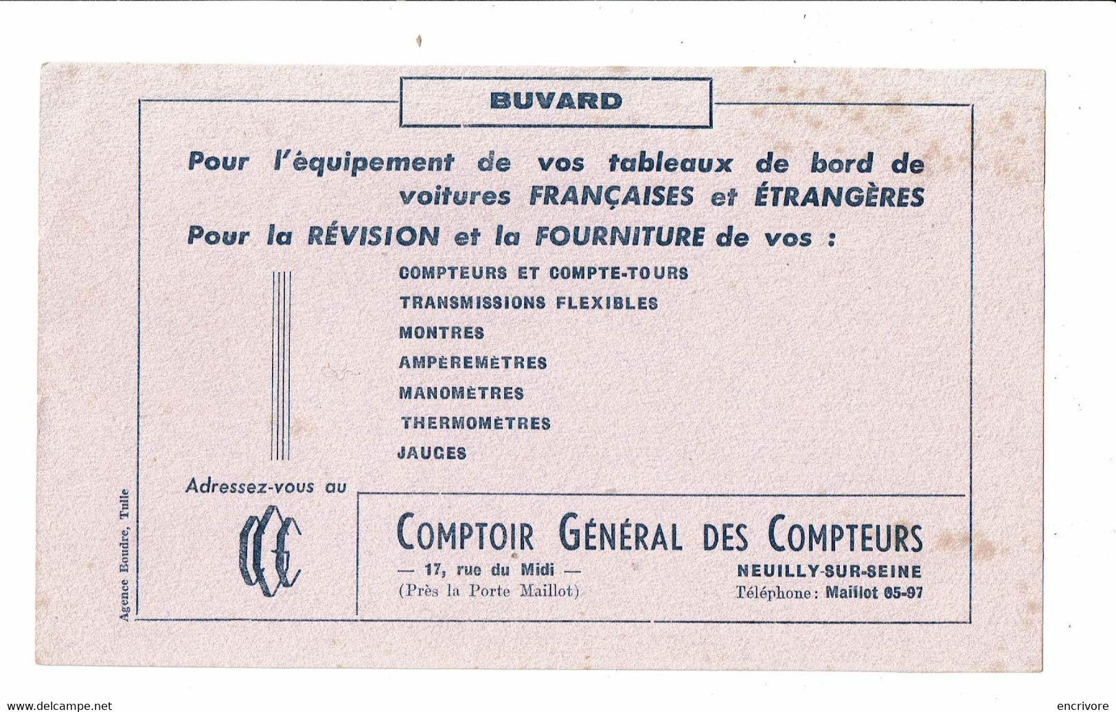 Buvard COMPTOIR GENERAL DES COPMTEURS Amenagement Tableaux De Bords Automobiles Boudre Tulle - Auto's