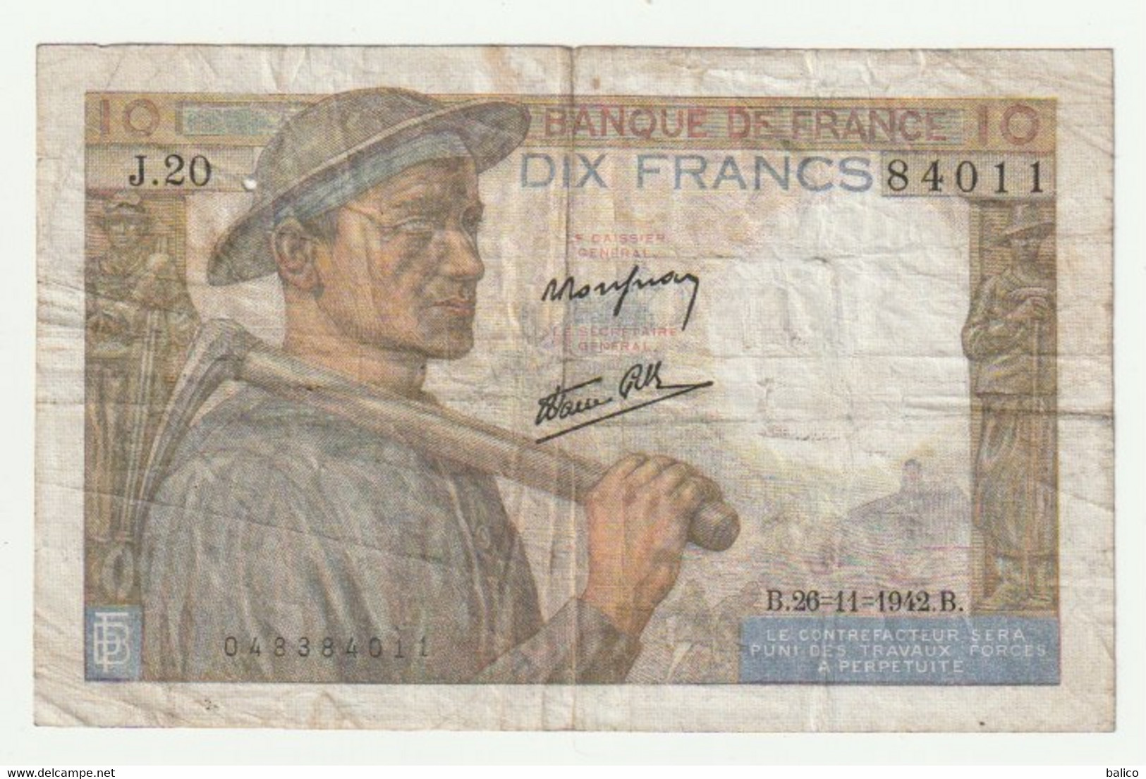France Billet De 10 Francs  -  Mineur  - 26-11-1942 - N° J.20  84011 - 10 F 1941-1949 ''Mineur''