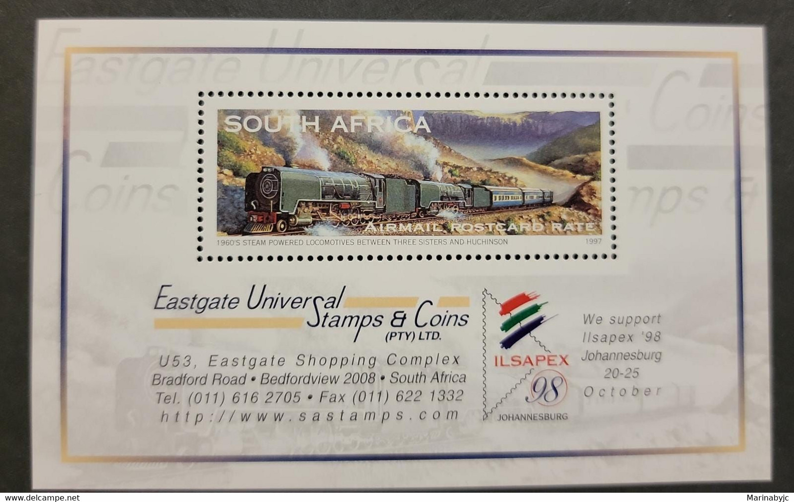 SP) 1997 SOUTH AFRICA, STEAM POWERED LOCOMOTIVES, AIRMAIL, EASTGATE UNIVERSAL SOUVENIR SHEET, MNH - Andere & Zonder Classificatie