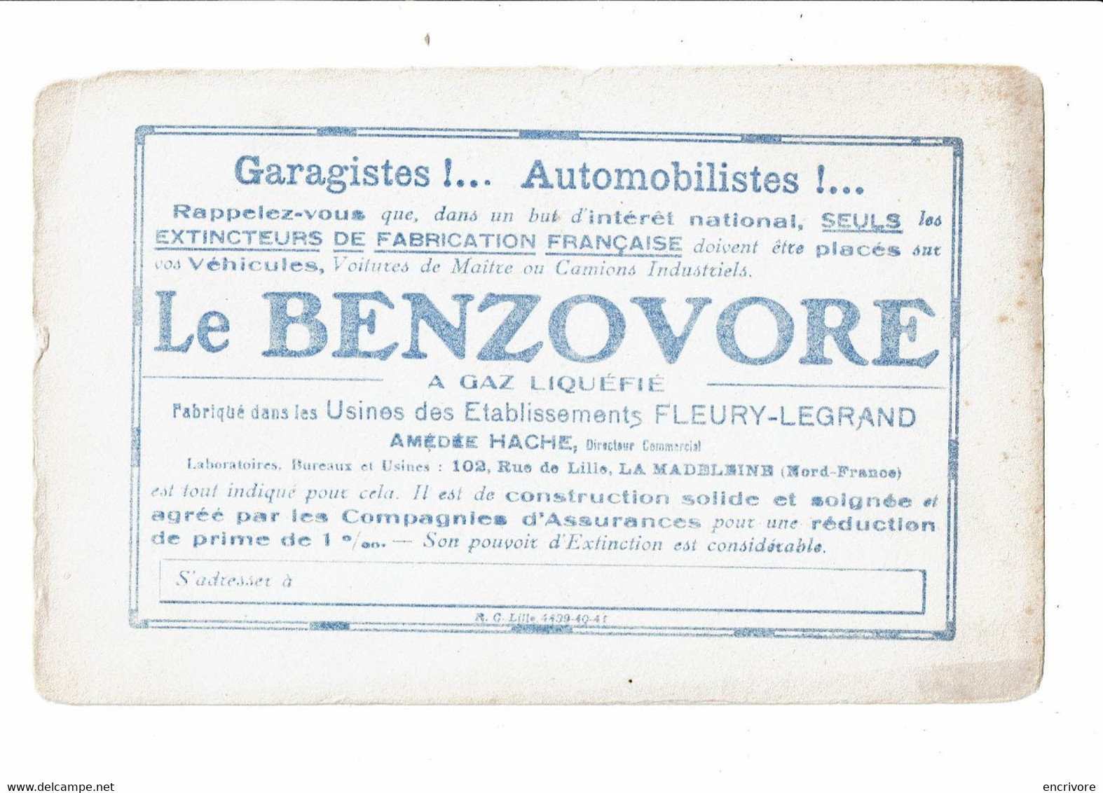 Buvard BENZOVORE Extincteurs Amédée Hache établissements Fleury Legrand - Automobile