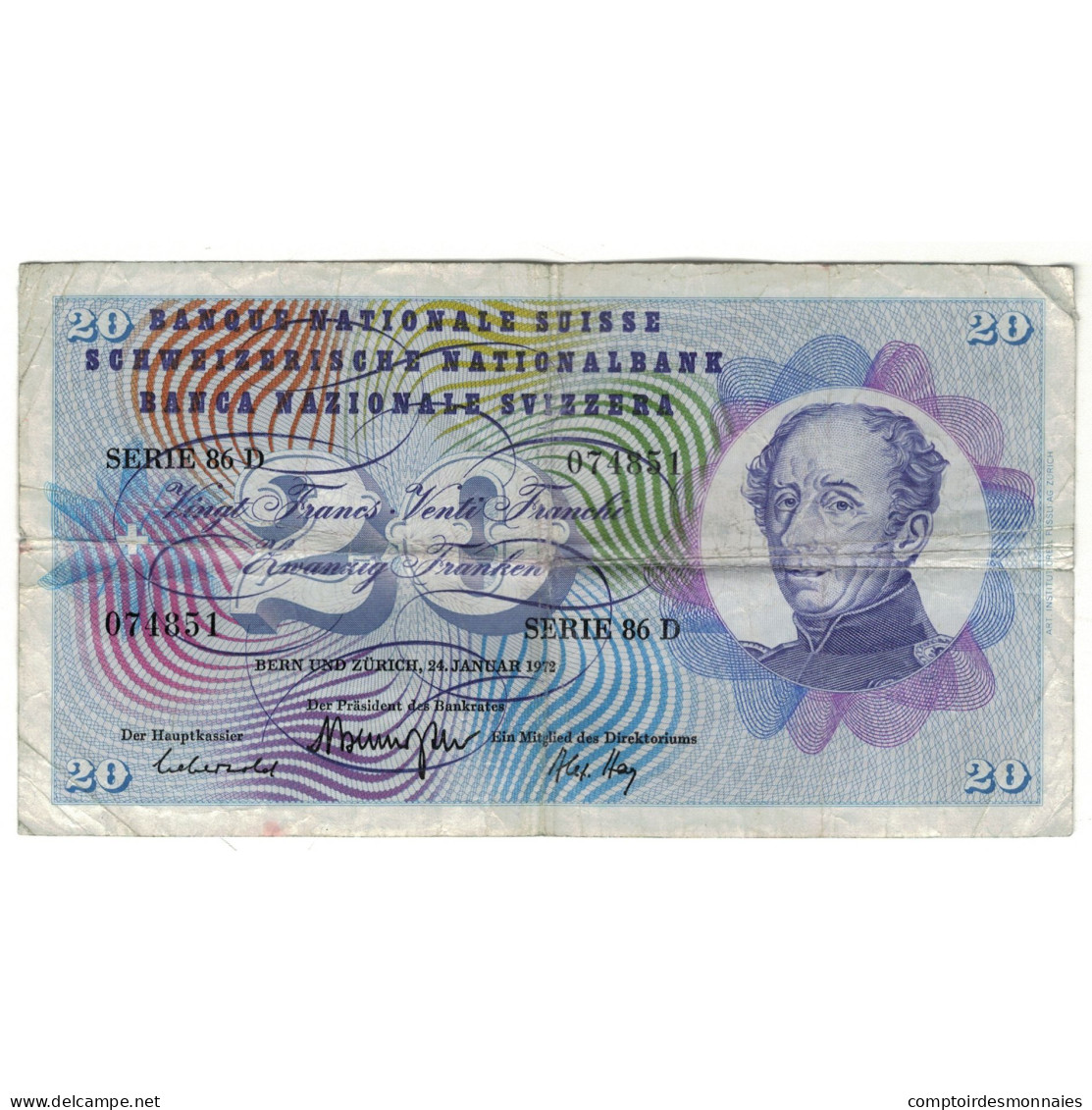 Billet, Suisse, 20 Franken, 1972, 1972-01-24, KM:46t, TB - Suisse