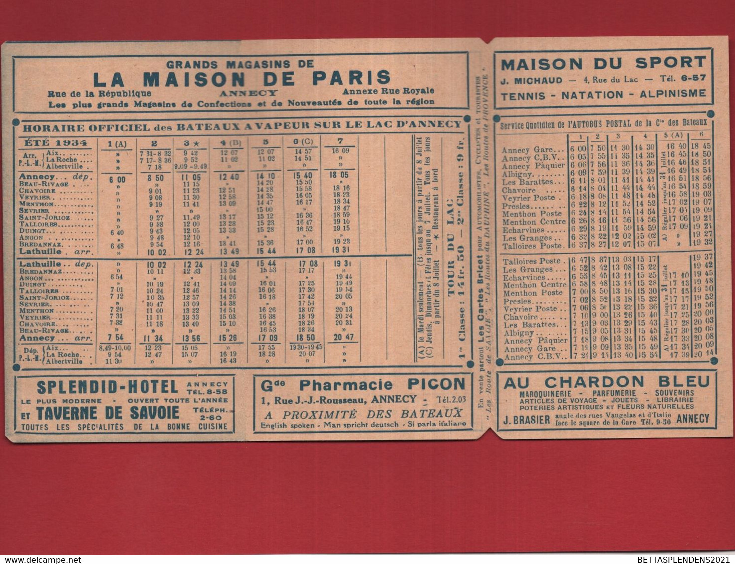 ANNECY - Eté 1934 Horaire Des Guides BRICET - Horaires Des BATEAUX à VAPEUR Sur Le LAC D'ANNECY & Autobus Postal - Europe