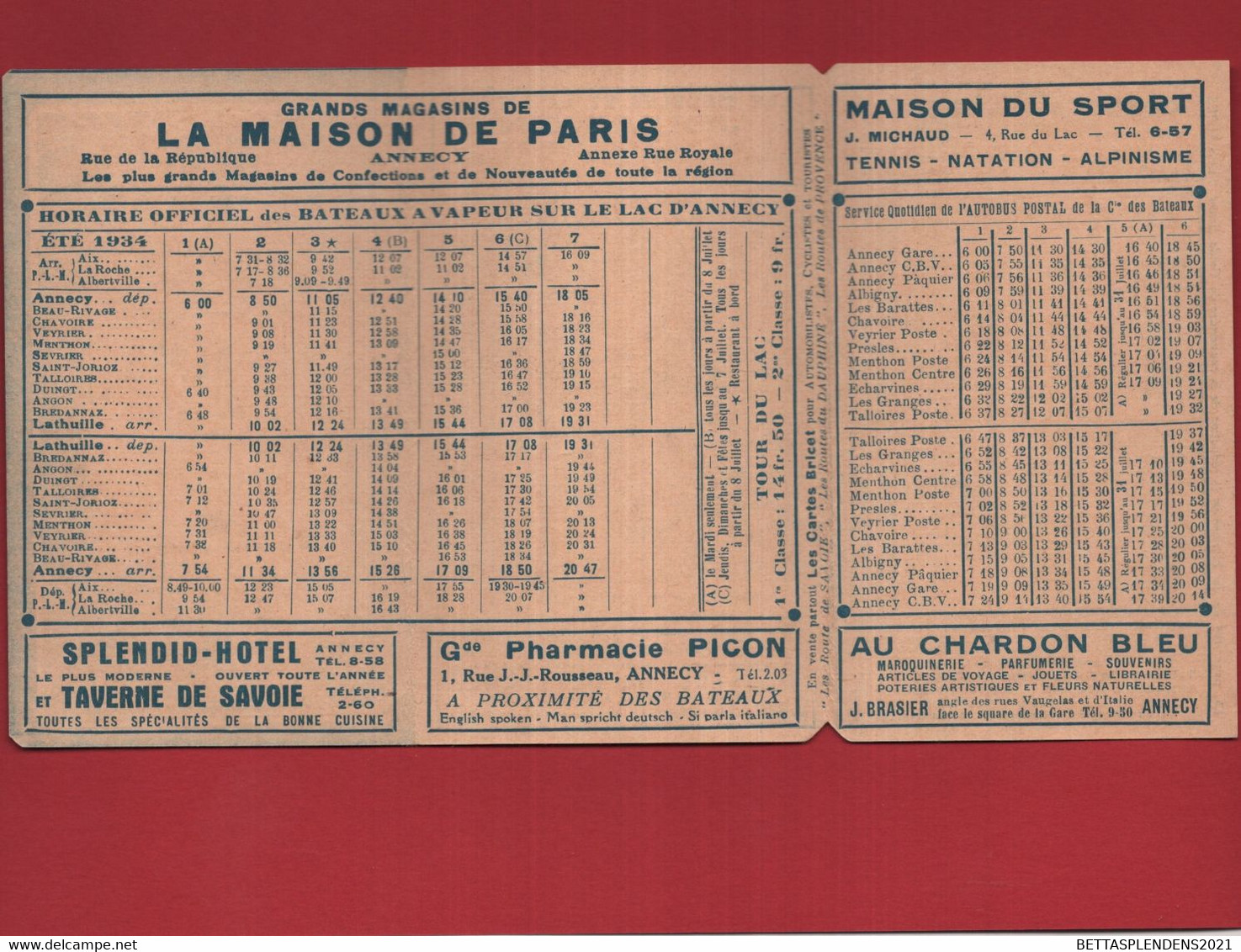 ANNECY - Eté 1934 Horaire Des Guides BRICET - Horaires Des BATEAUX à VAPEUR Sur Le LAC D'ANNECY & Autobus Postal - Europa