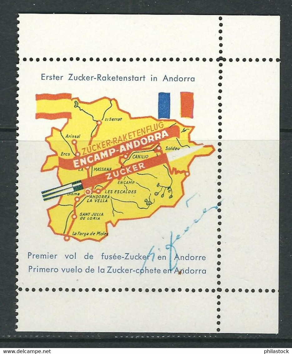 ANDORRE 1962 PA Vignette ** 1° Vol Fusée Zucker Signée Par Zucker - Airmail